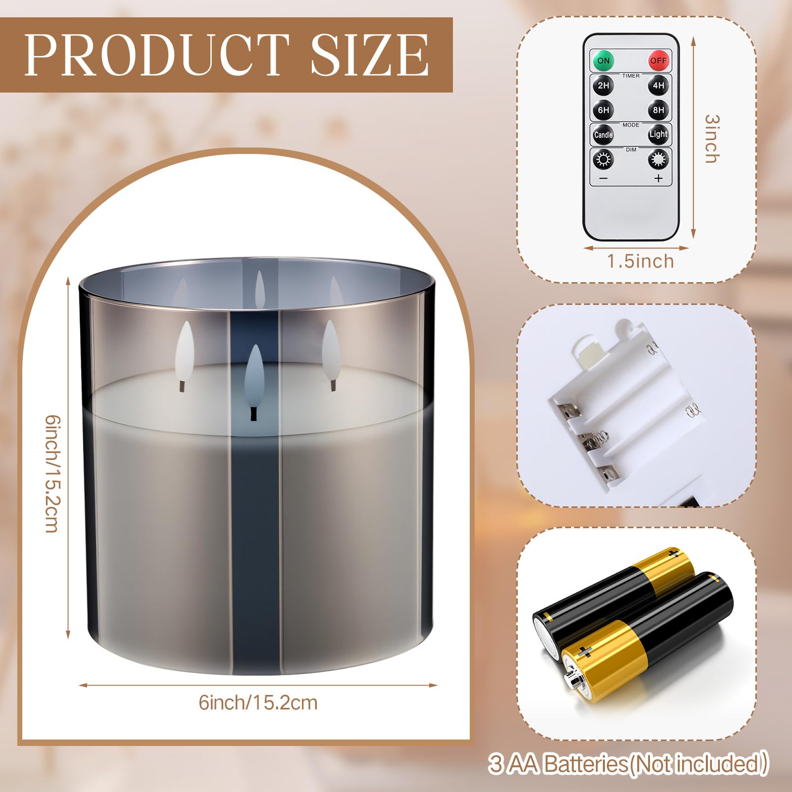 Retisee 1 Pcs 6 X 6 Extra Large Flameless Candles, 3 Wick Glass Large Candles With Remote Control And Timer Function, Real W