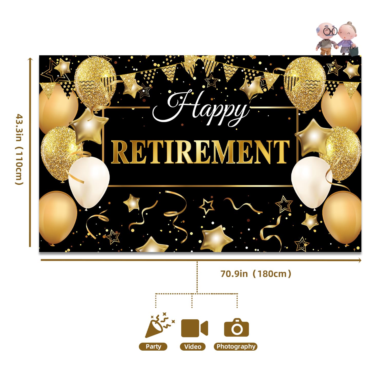 Happy Retirement Party Decorations Large Fabric Retirement Banner Backdrop Black And Gold Retirement Decorations With Rope For M