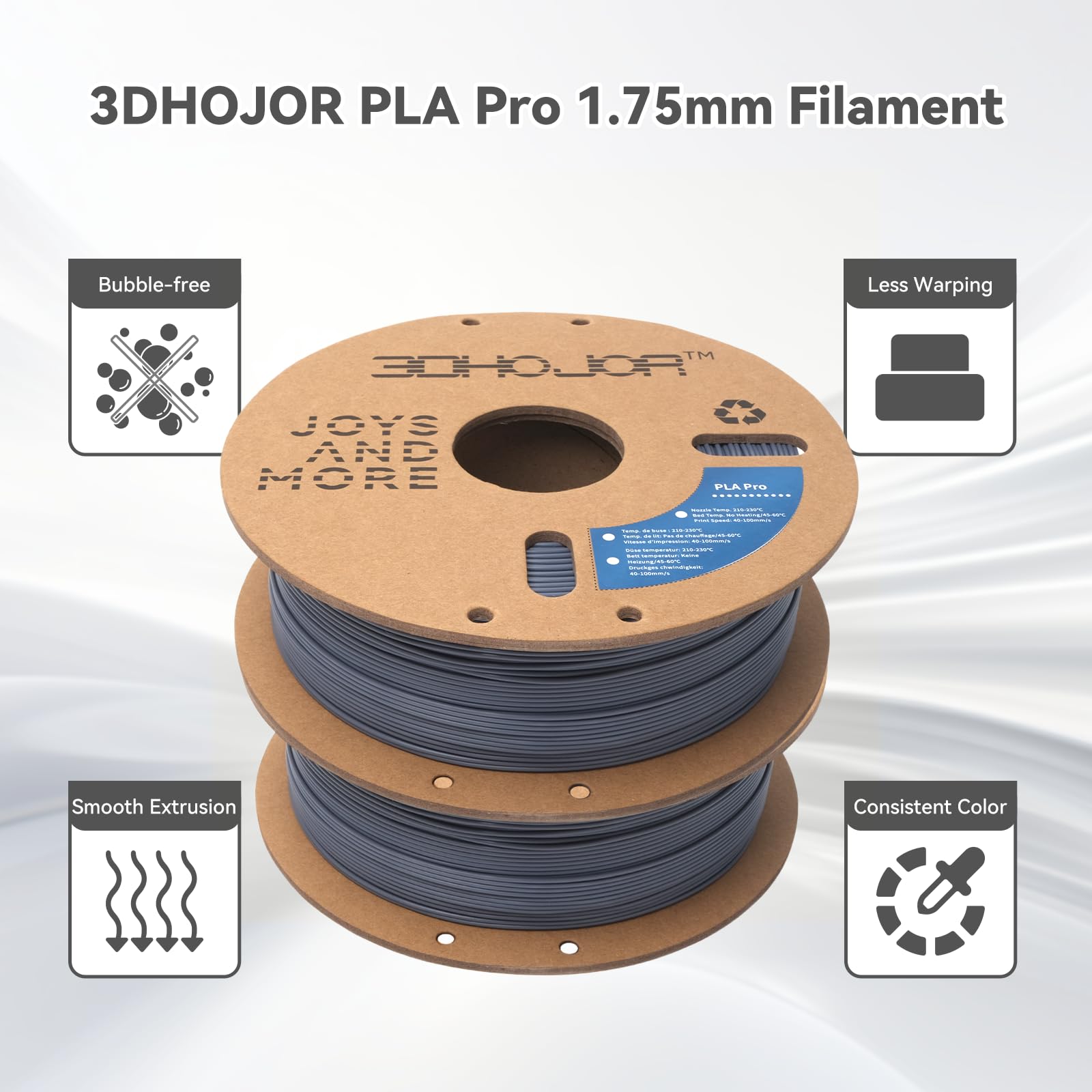 3Dhojor Pla Pro (Pla+) Filament 1.75Mm 3D Printing Filament Pla+ 1Kg*2 (4.4Lbs) Cardboard Spool Dimensional Accuracy +/- 0.03 Mm