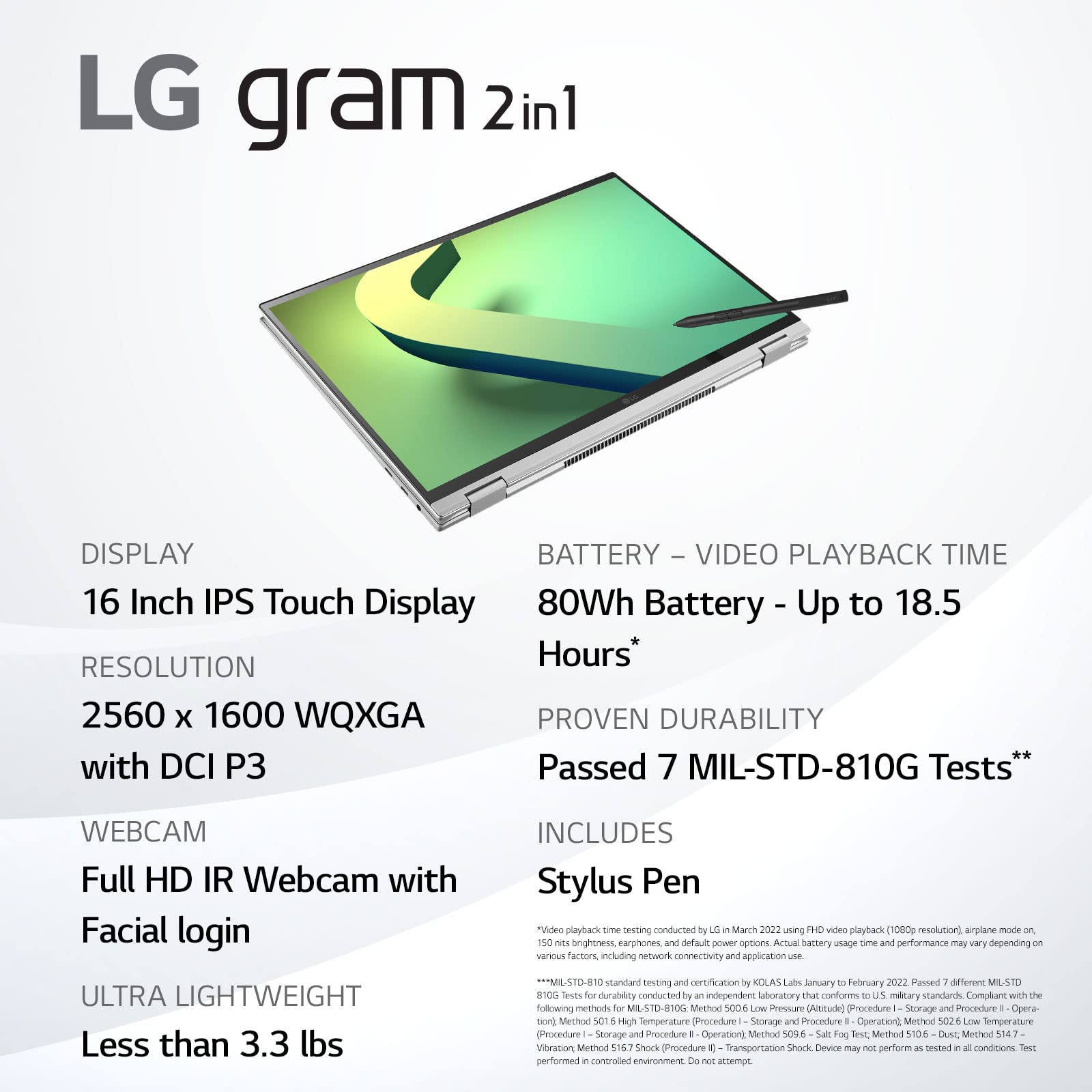 Lg Gram (2022) 16T90Q 2 In 1 Tablet Laptop, 16'' (2560 X 1600) Ips Display, Intel Evo 12Th Gen I7 1260P Processor, 16Gb Lpddr5,
