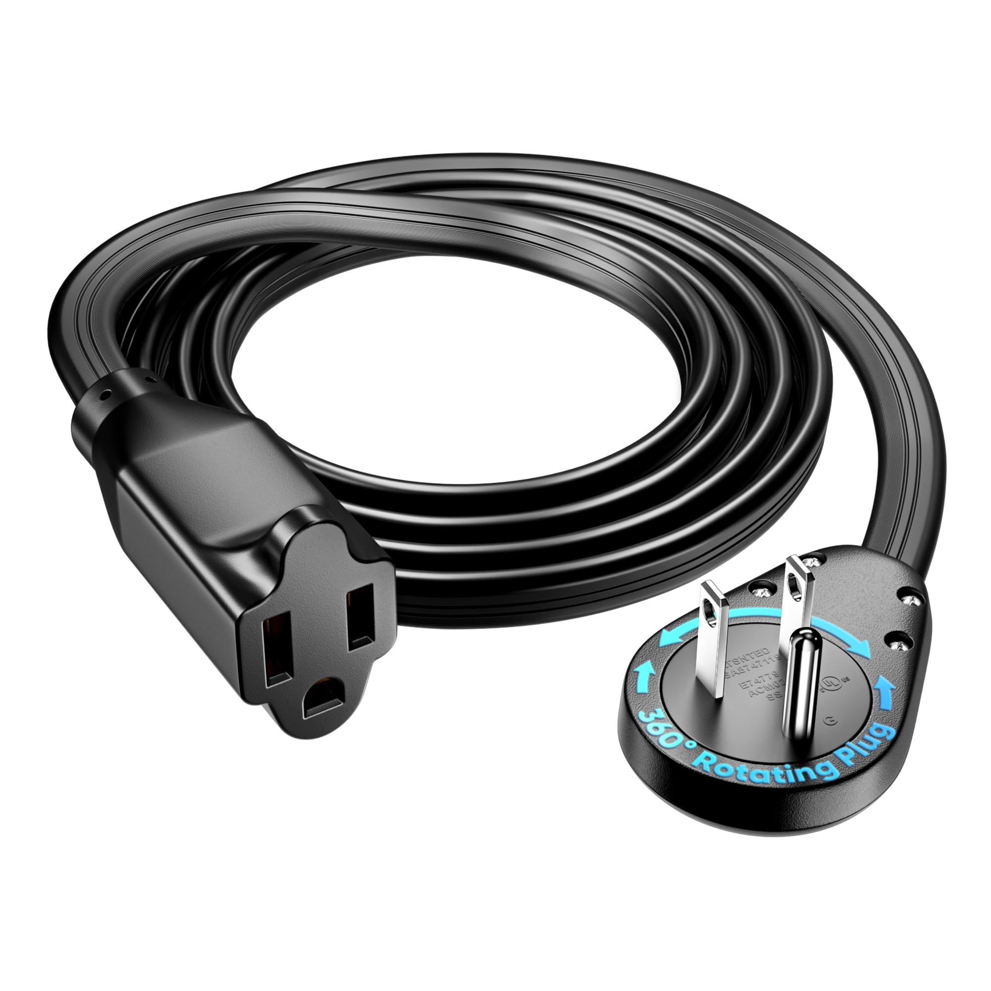 Maximm Flat Wire Extension Cord 6 Ft, 360 Rotating Plug, Black, UL