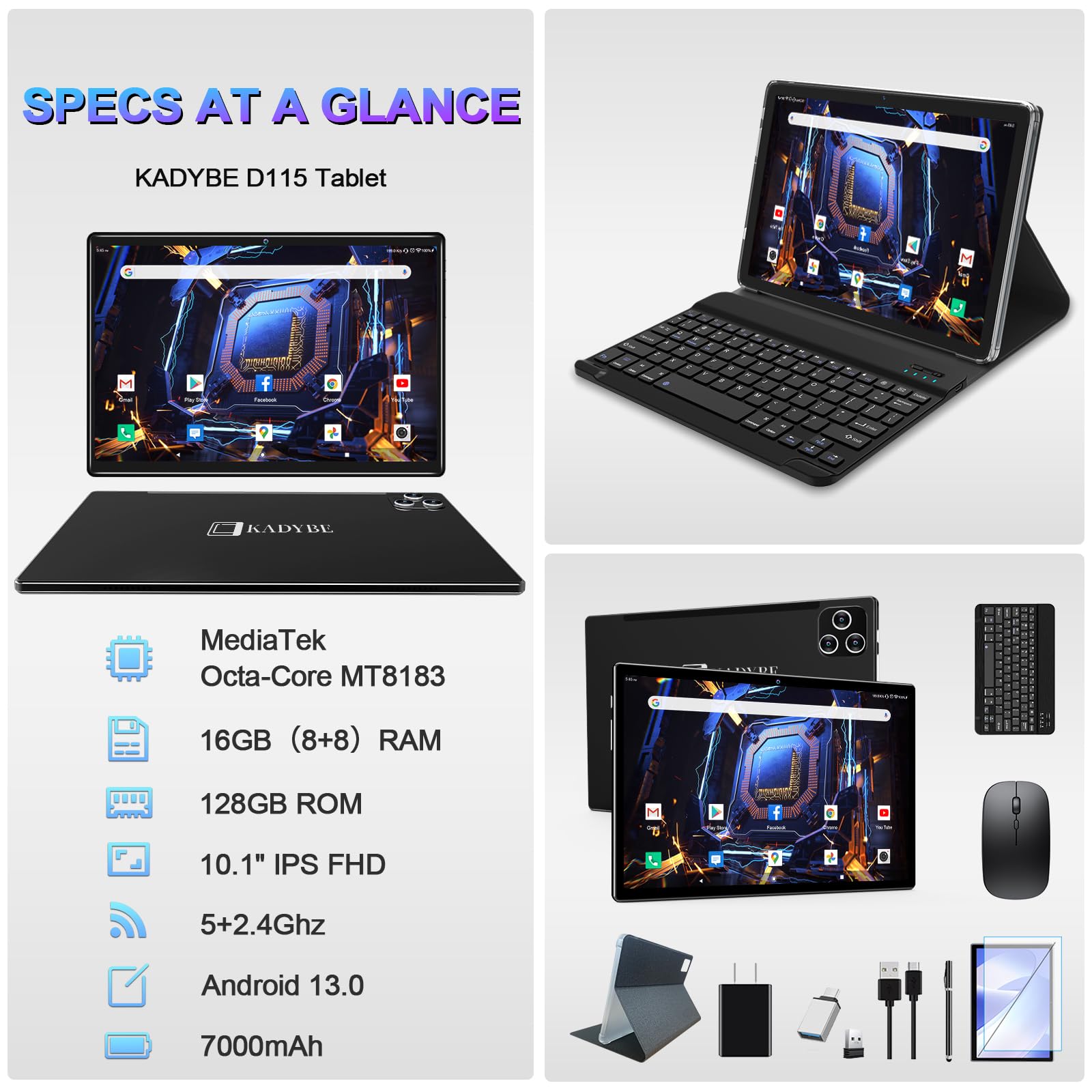 Tablet 10.1 Inch Android 13 Tablets 2024 Latest Android Tablet 128Gb Rom+16Gb Ram (8+8 Virtual), 2 In 1 Tablet With Keyboard, Po