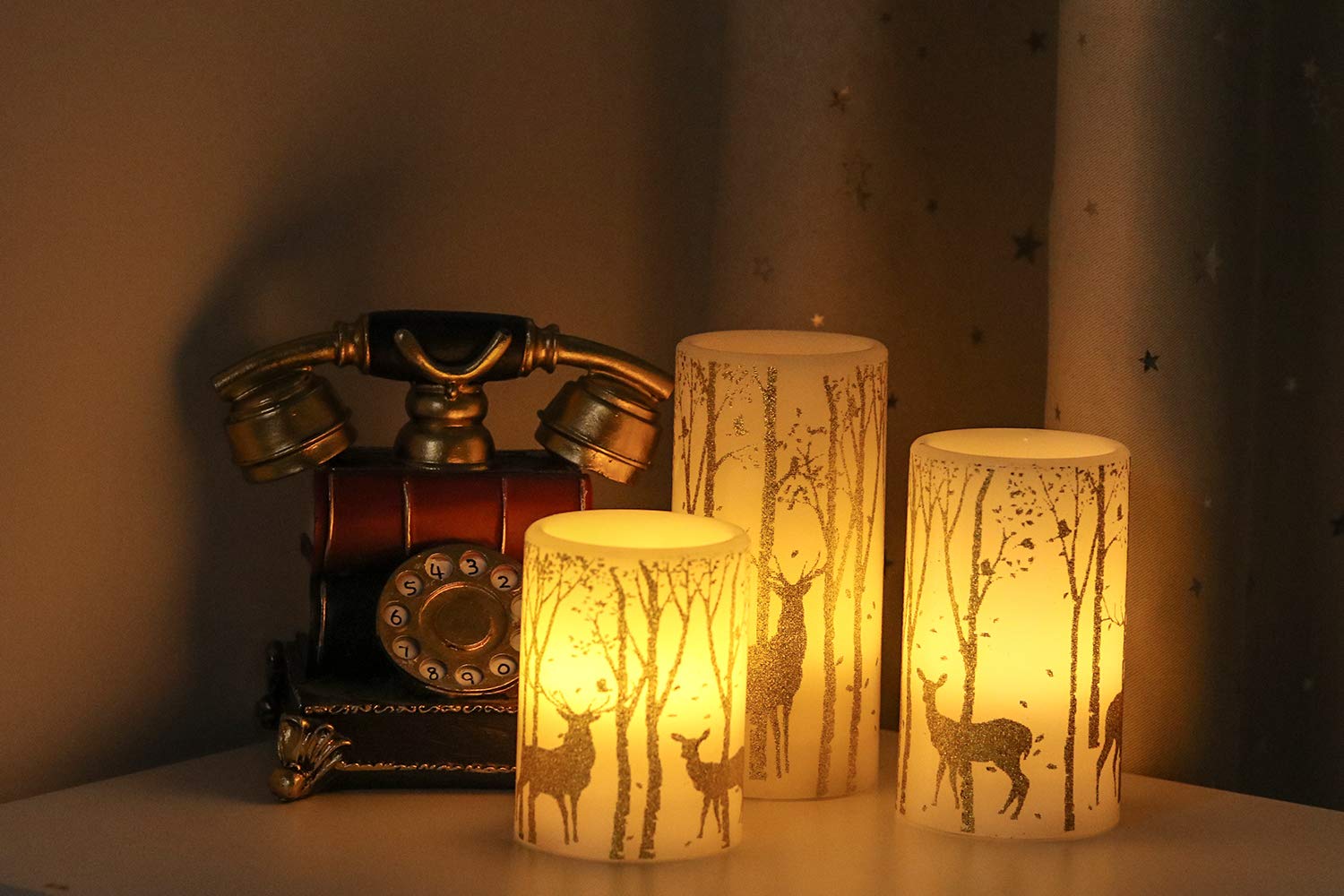 Genswin Flickering Flameless Candles Battery Operated With 6 Hours Timer, Real Wax Led Pillar Candles Deer Decal Warm Light, Pac