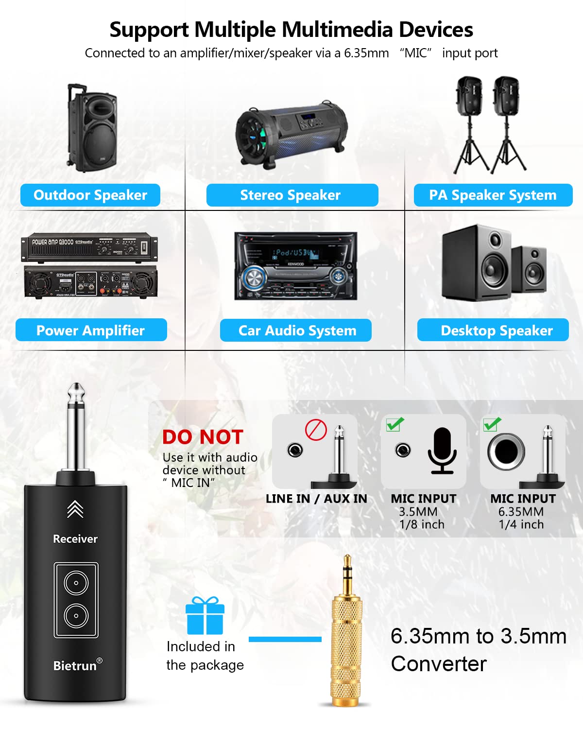 Bietrun Wireless Microphone Rechargeable, 168Ft Range Bluetooth Microphone Wireless (Work 7 Hrs) With 1/4'' Output, Uhf Metal Ha
