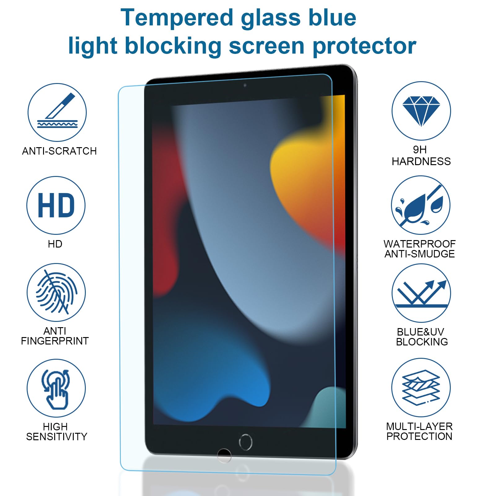 2 Pack Tempered Glass & Anti Blue Light Screen Protector Film For Ipad 10.2 Tablet 9Th/8Th/7Th 2021/2020/2019 Model, Tempered Gl