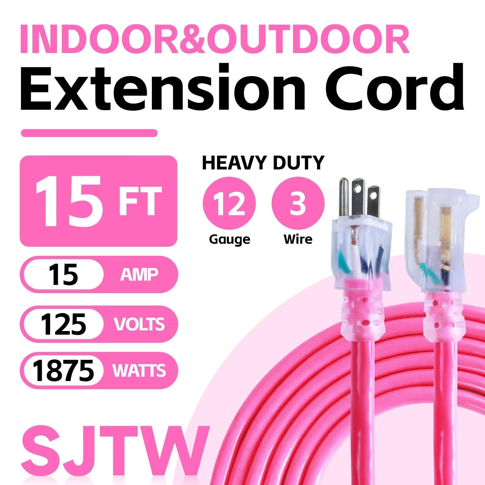 Ultra Explorer Indoor Outdoor Extension Cord Waterproof 15 Ft, 12 Gauge Heavy Duty Pink Extension Cord Sjtw, Flexible Cold Resis