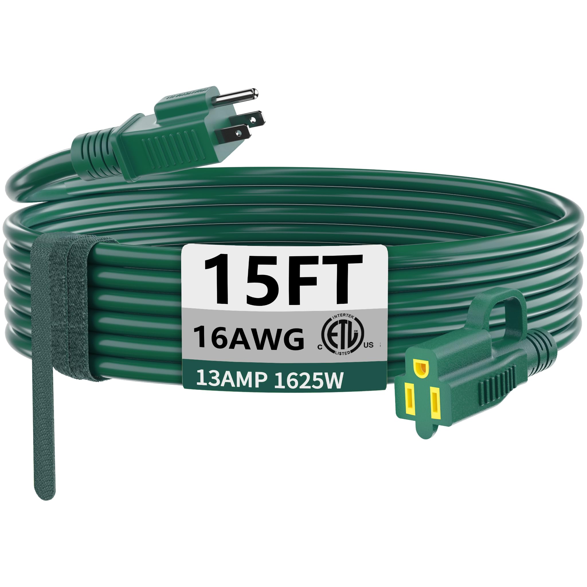 Indoor Outdoor Green Extension Cord 15 Ft Waterproof, 16/3 Gauge Flexible Cold Resistant Appliance Extension Cord Outside, 13A 1