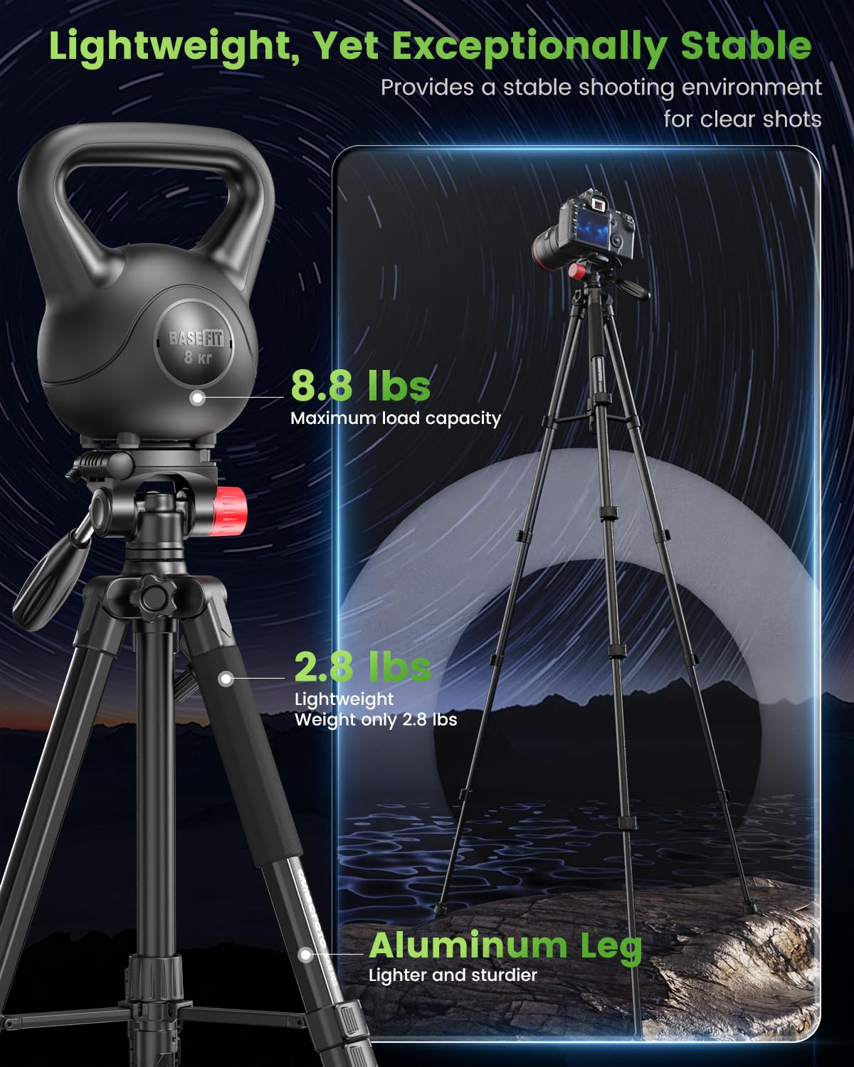 Cambofoto 74'' Camera Tripod, Porfessional Aluminum Heavy Duty Tripod Stand For Mirrorless Camera/Dslr/Cell Phone/Camcorder, Wit