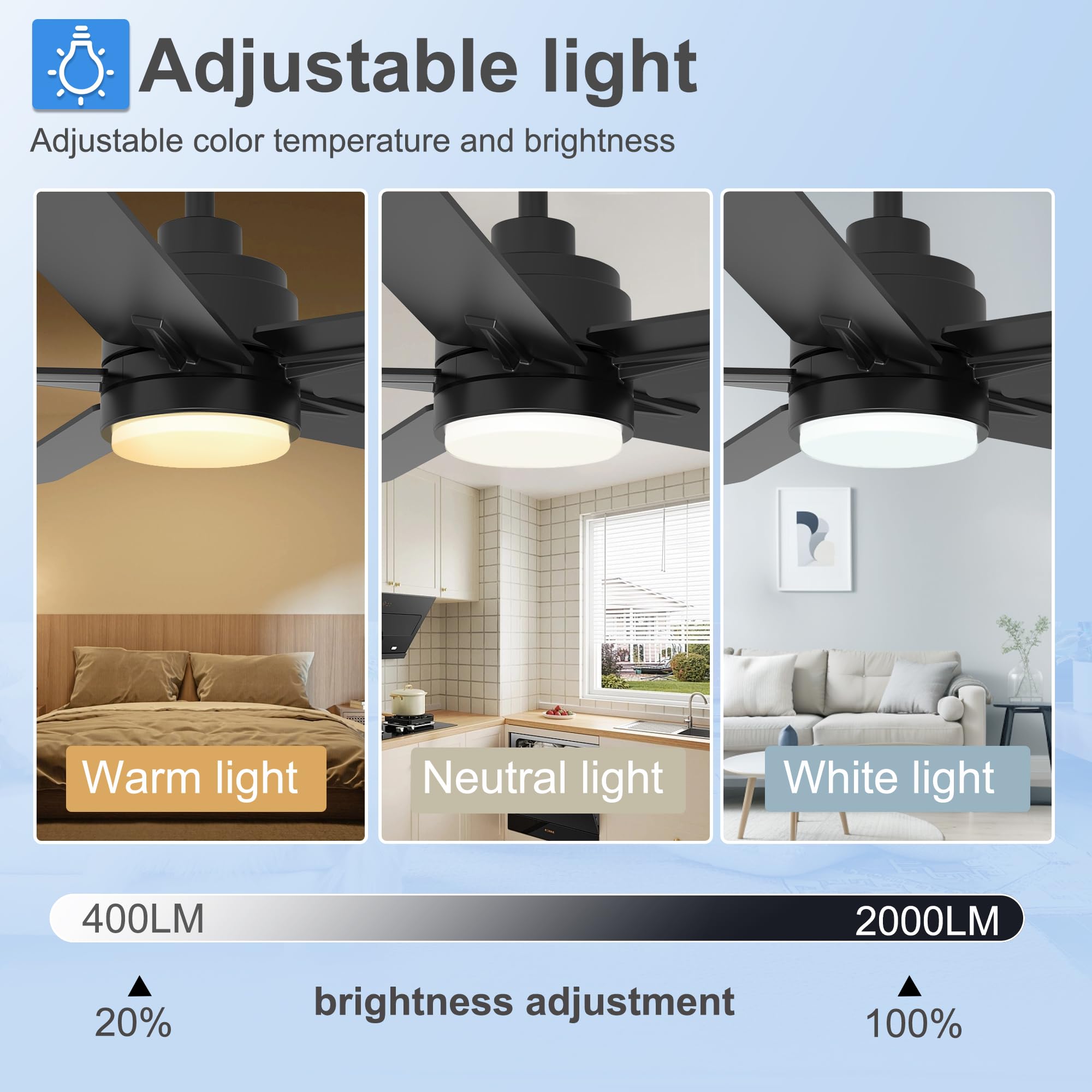 52 Inch Black Ceiling Fan With Light And Remote Control. Dimmable 3 Color Temperatures Led Ceiling Fan. 6 Speeds Reversible Dc M