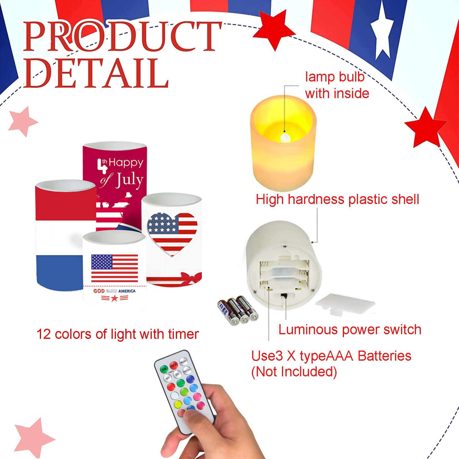 Aulaygo 4Th Of July Candles With Timer Remote Control Red White And Blue Candles Battery Operated Set Of 4 For Independence Day