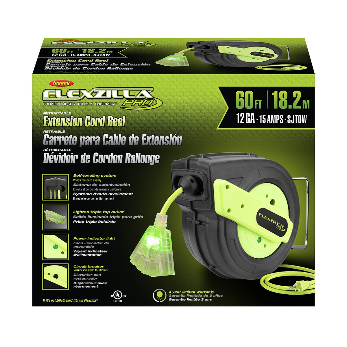 Flexzilla Retractable Extension Cord Reel, 12/3 Awg Sjtow Cord, 60', Grounded Triple Tap Outlet, Zillagreen, Fz8120603