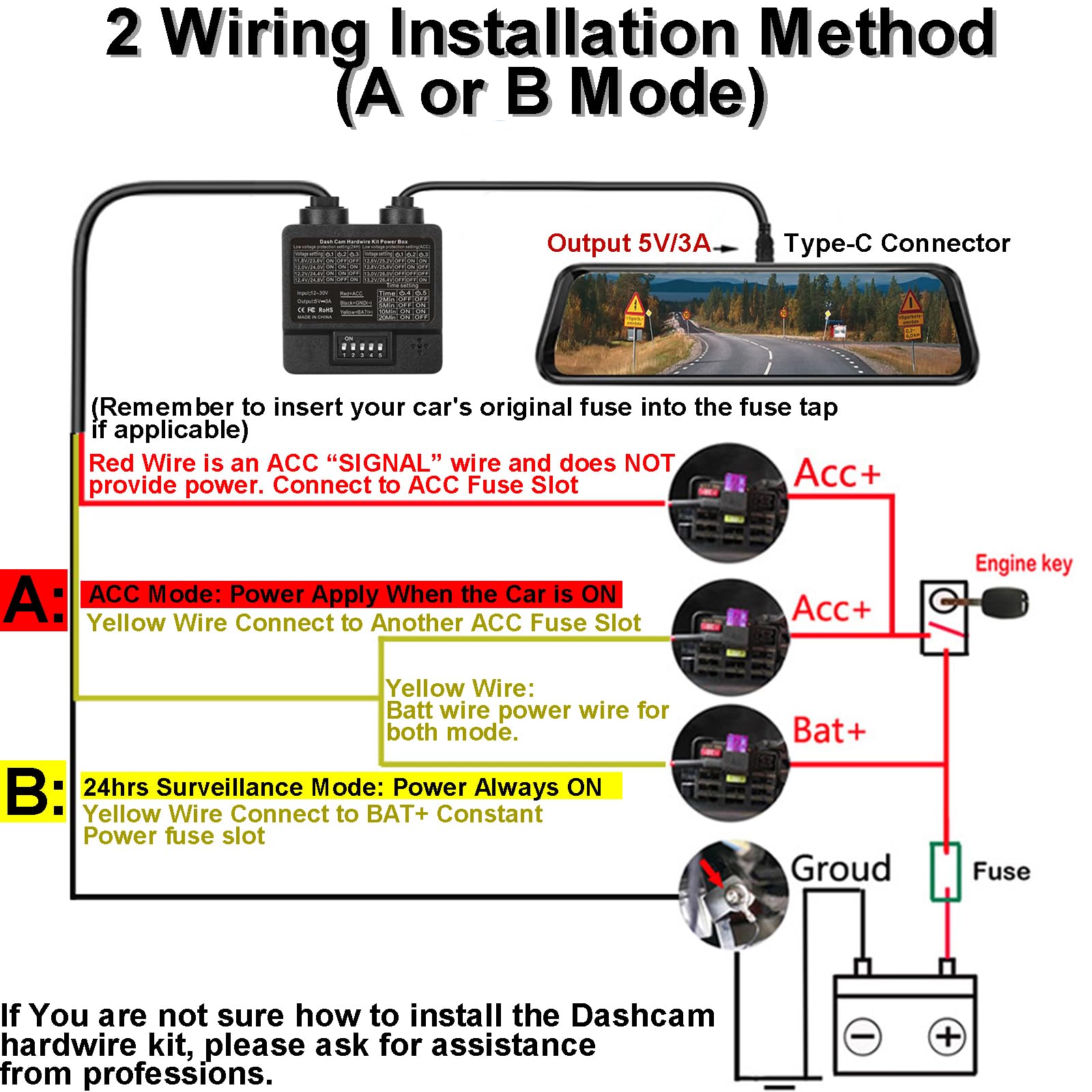Dash Cam Hardwire Kit, Usb C 3 Wire Dashcam Hardwire Kit 24H Parking Mode Dash Camera Charger Power Cord 11.5Ft 12 24V To 5V/1 3