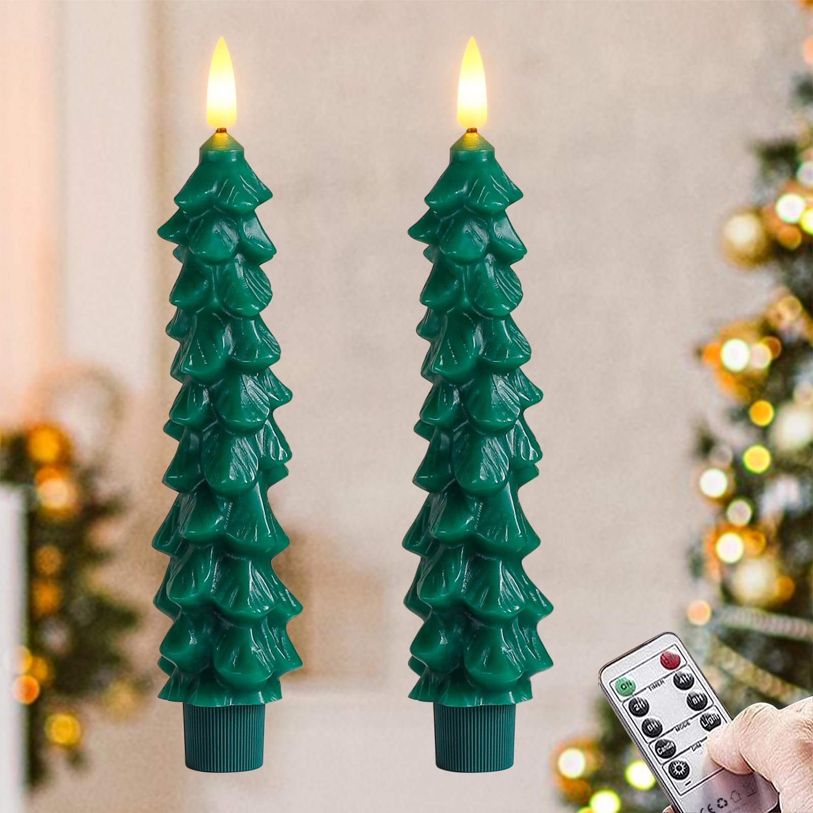 Zevanor Green Tree Flameless Real Wax Taper Candles with Remote Timer, Battery Operated Flickering 3D Wick LED Candlesticks 0.78