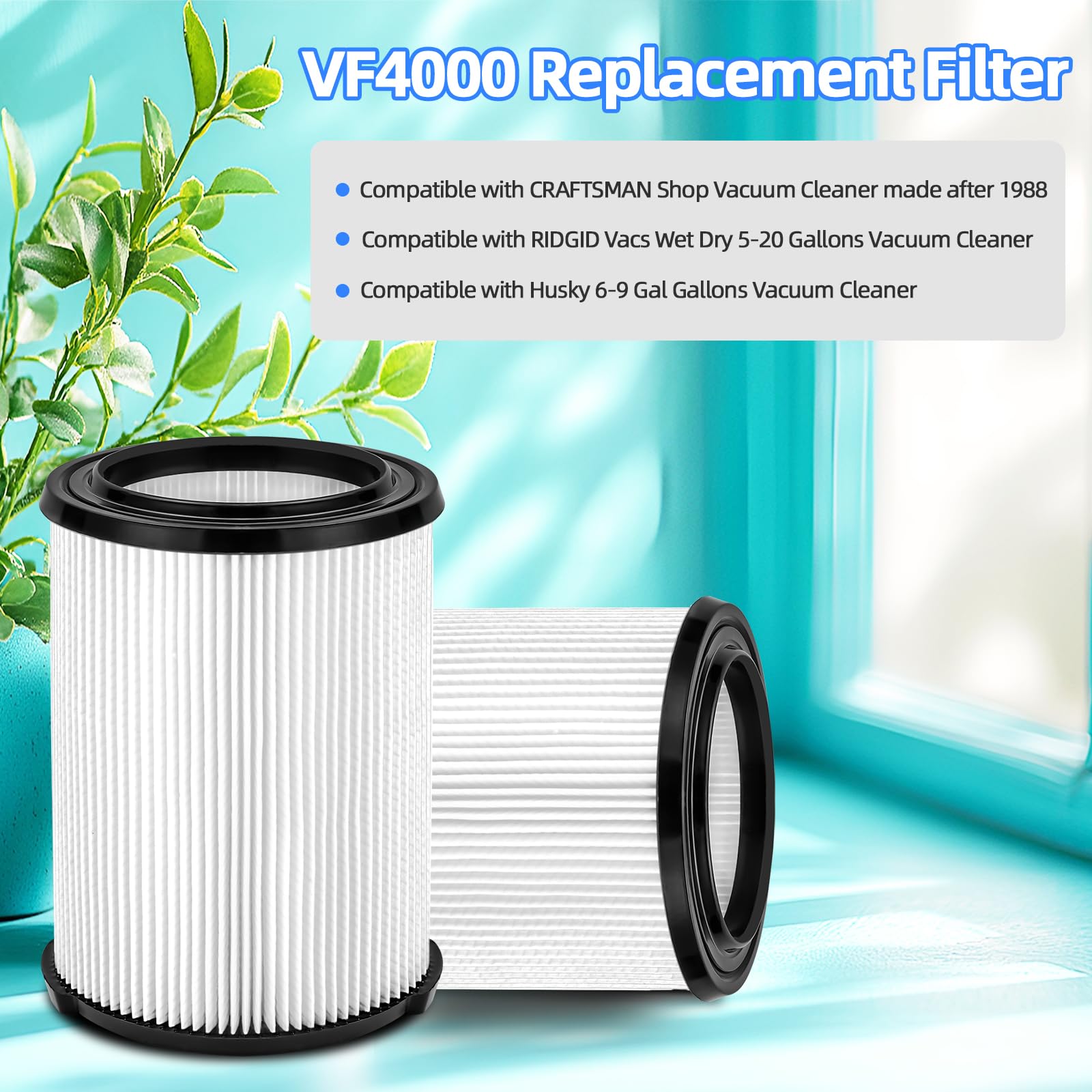 Gazeer 2 Pack Vf4000 Filter Compatible With Ridgid Shop Vac,Standard Wet/Dry Vac Filter Replacement Compatible With Ridgid 5 20