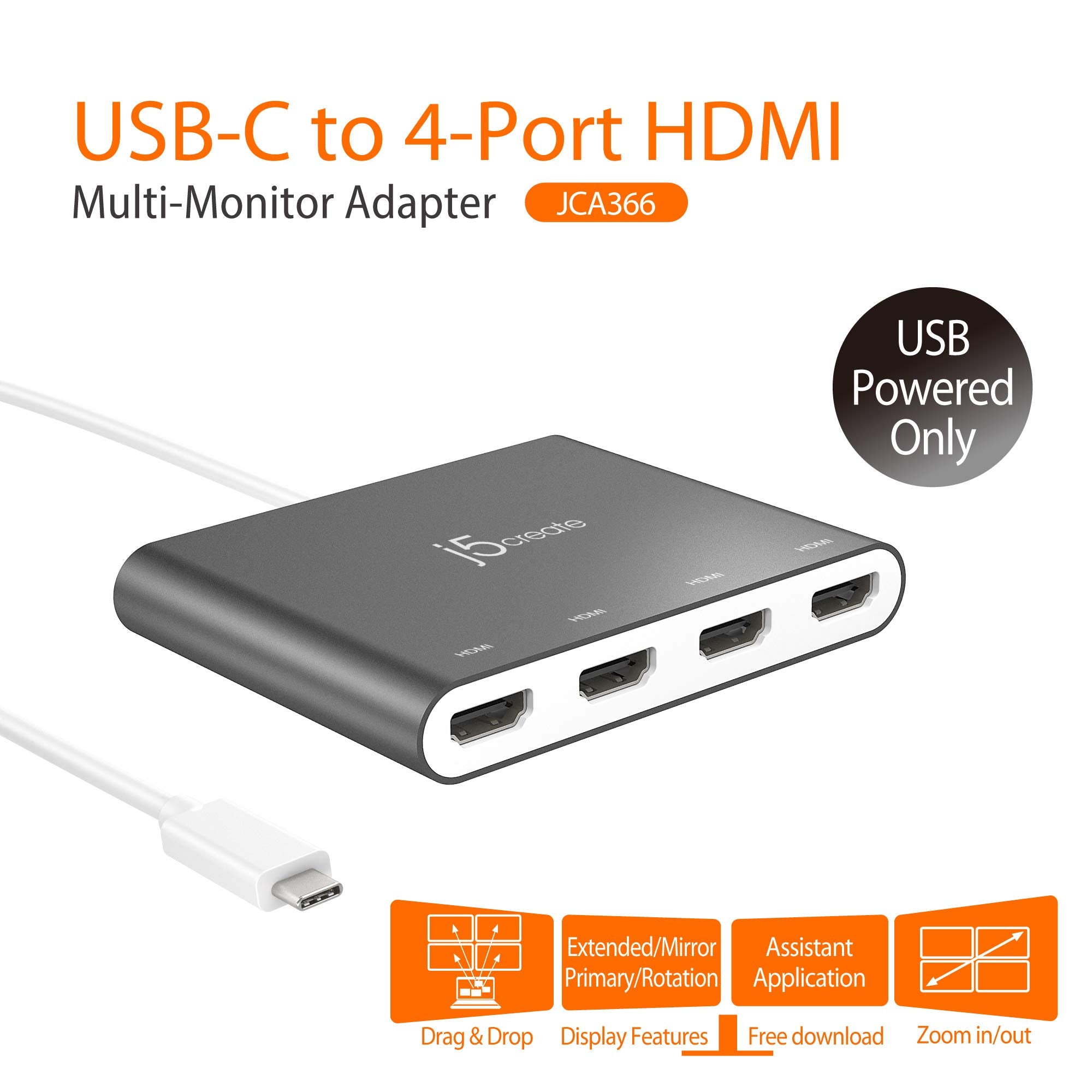 J5Create Usb-C To 4 Port Hdmi Adapter Hub- Multi Monitor Splitter - Support 4 1080P 60Hz Displays - Compatible With Type-C Macbo
