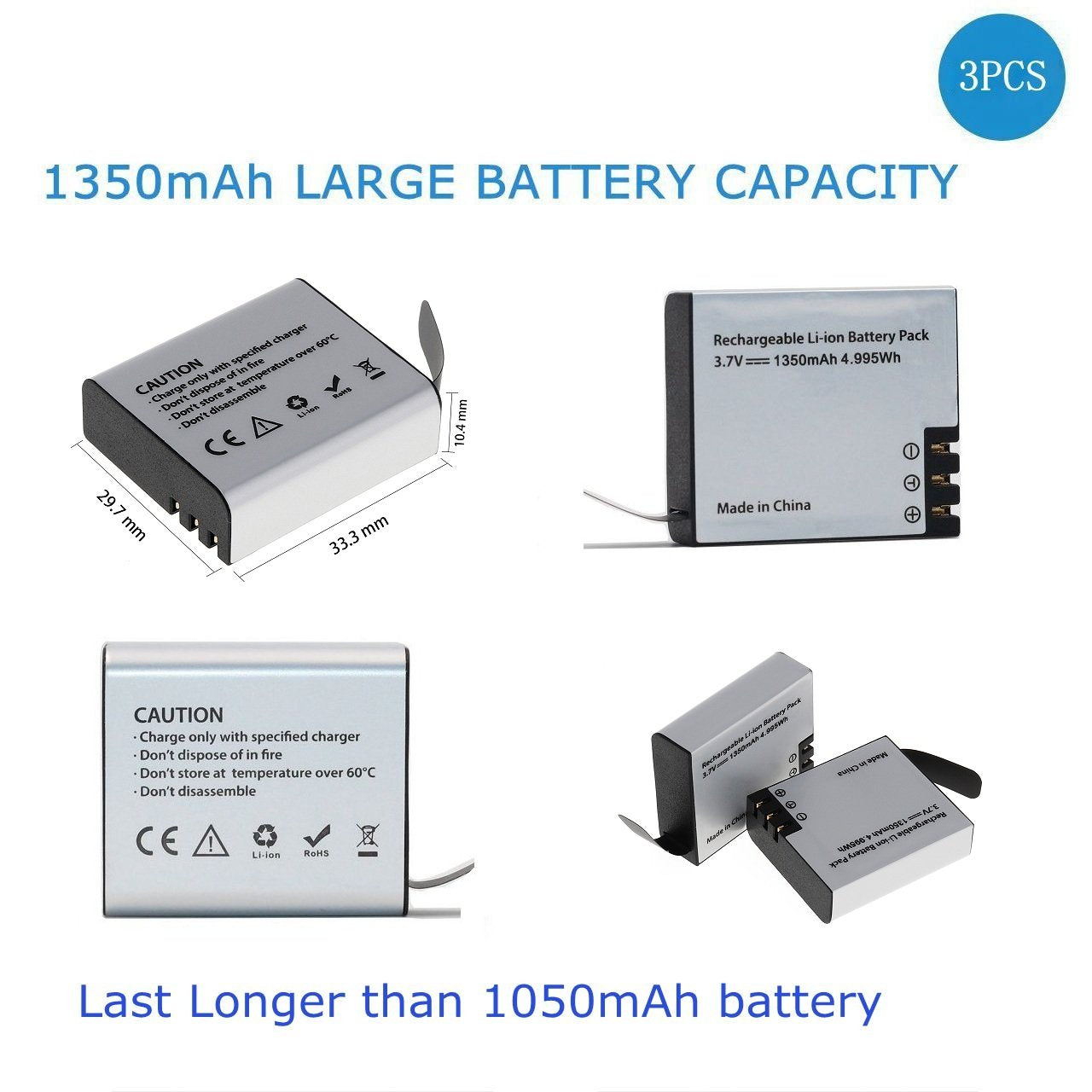 Vvhooy 3X1350Mah Action Camera Battery, Rechargeable Batteries With Usb Dual Charger, Compatible With Akaso Ek7000/Brave 4/Drago