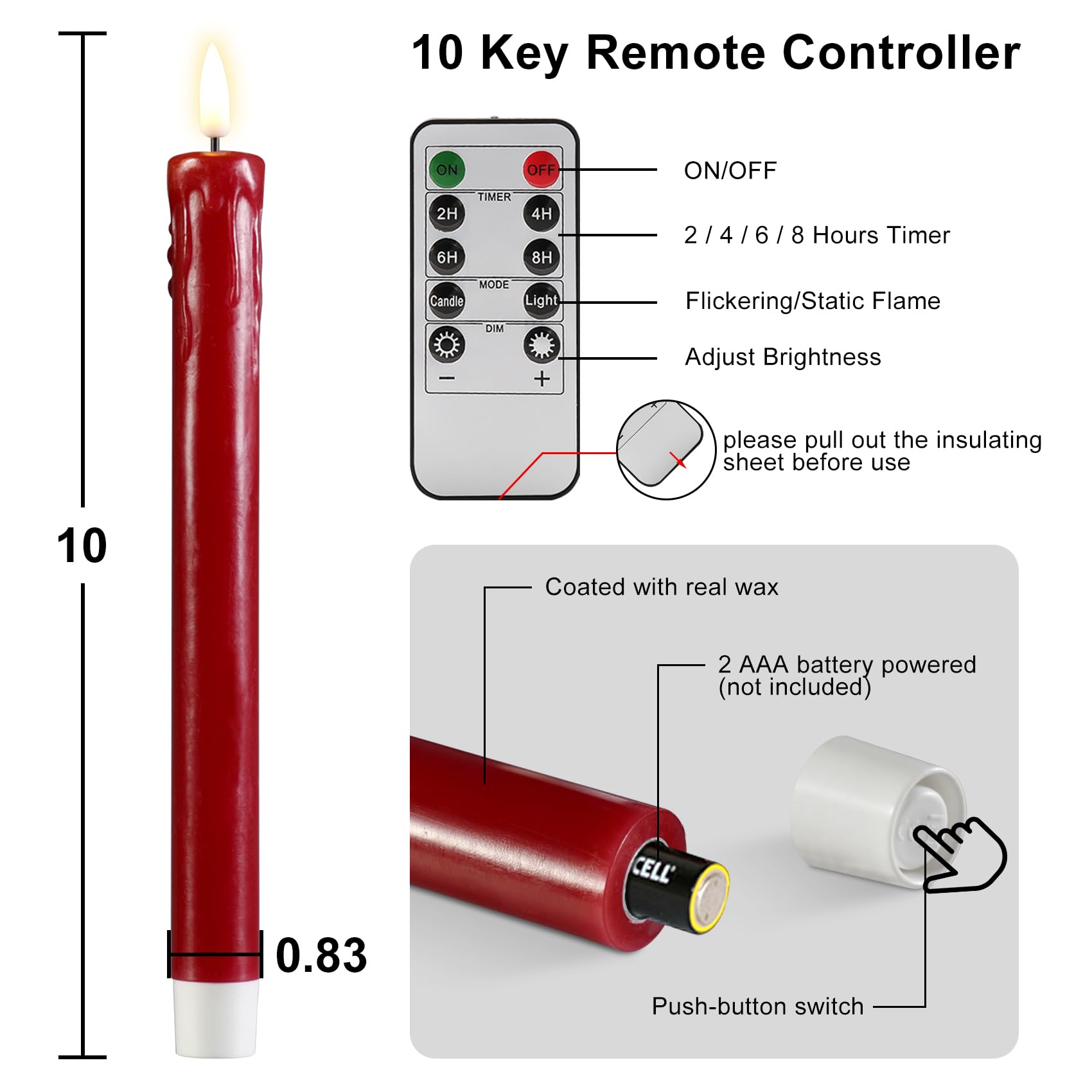 Girimax Red Dripping Wax Flameless Taper Candles With Remote, Flickering Realistic Led Candlesticks Battery Operated Set Of 6