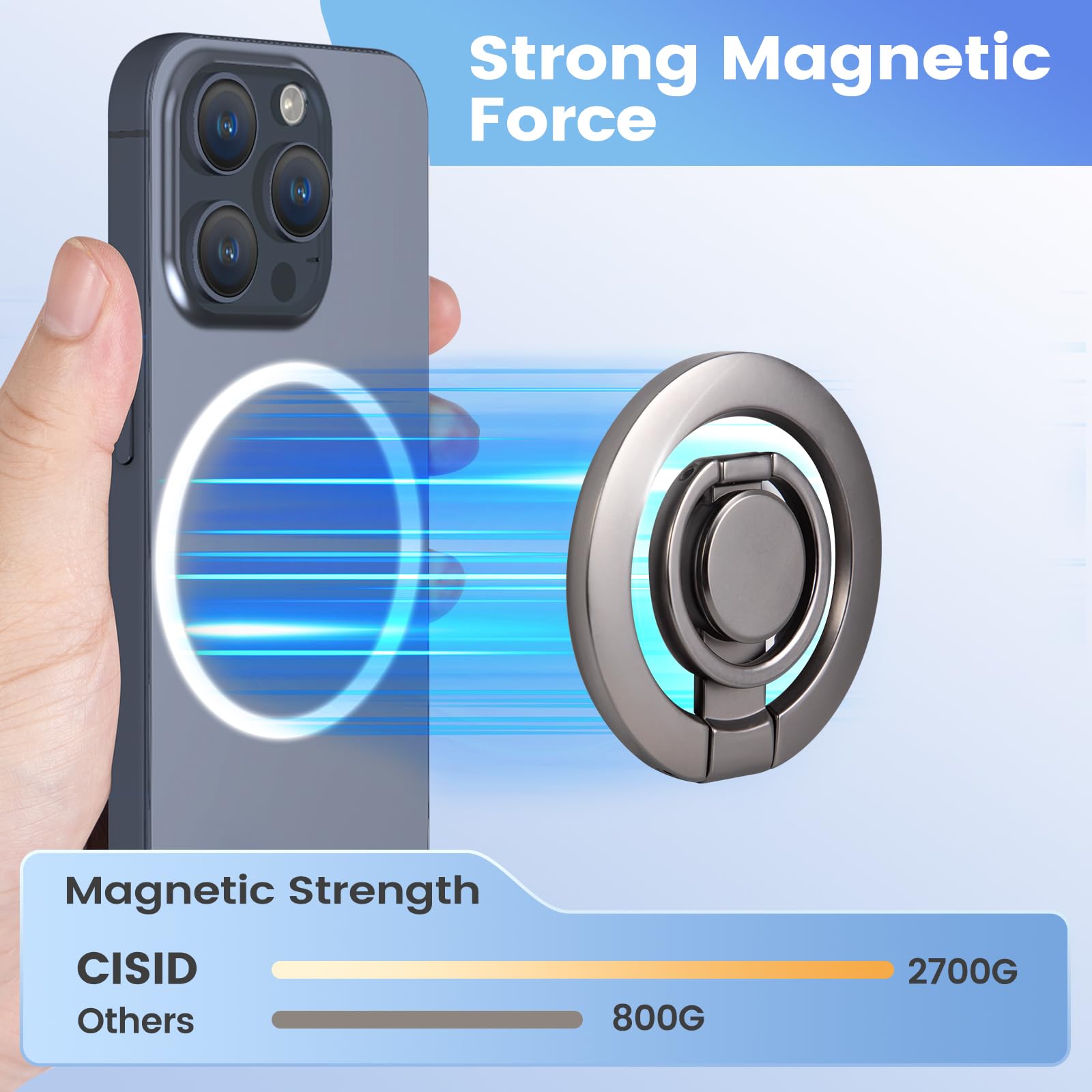 Cisid Magnetic Phone Ring Holder, Long Grip As Hook, Cell Phone Grip For Hand Finger Holder Kickstand Phone Stand For Desk Compa