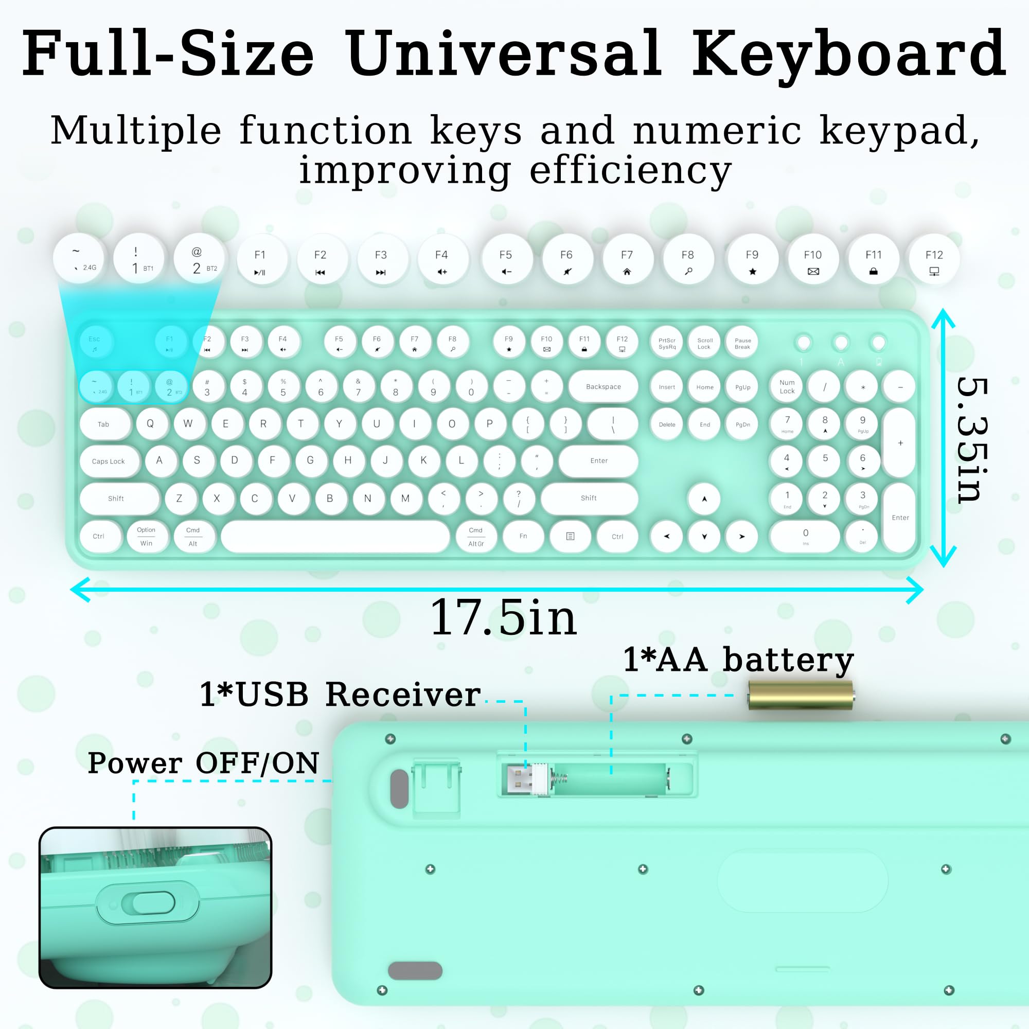 Links9+ Wireless Bluetooth Keyboard, Retro Typewriter Style Keyboard, Full Size With Round Keycaps, 2.4Ghz Plug And Play Connect