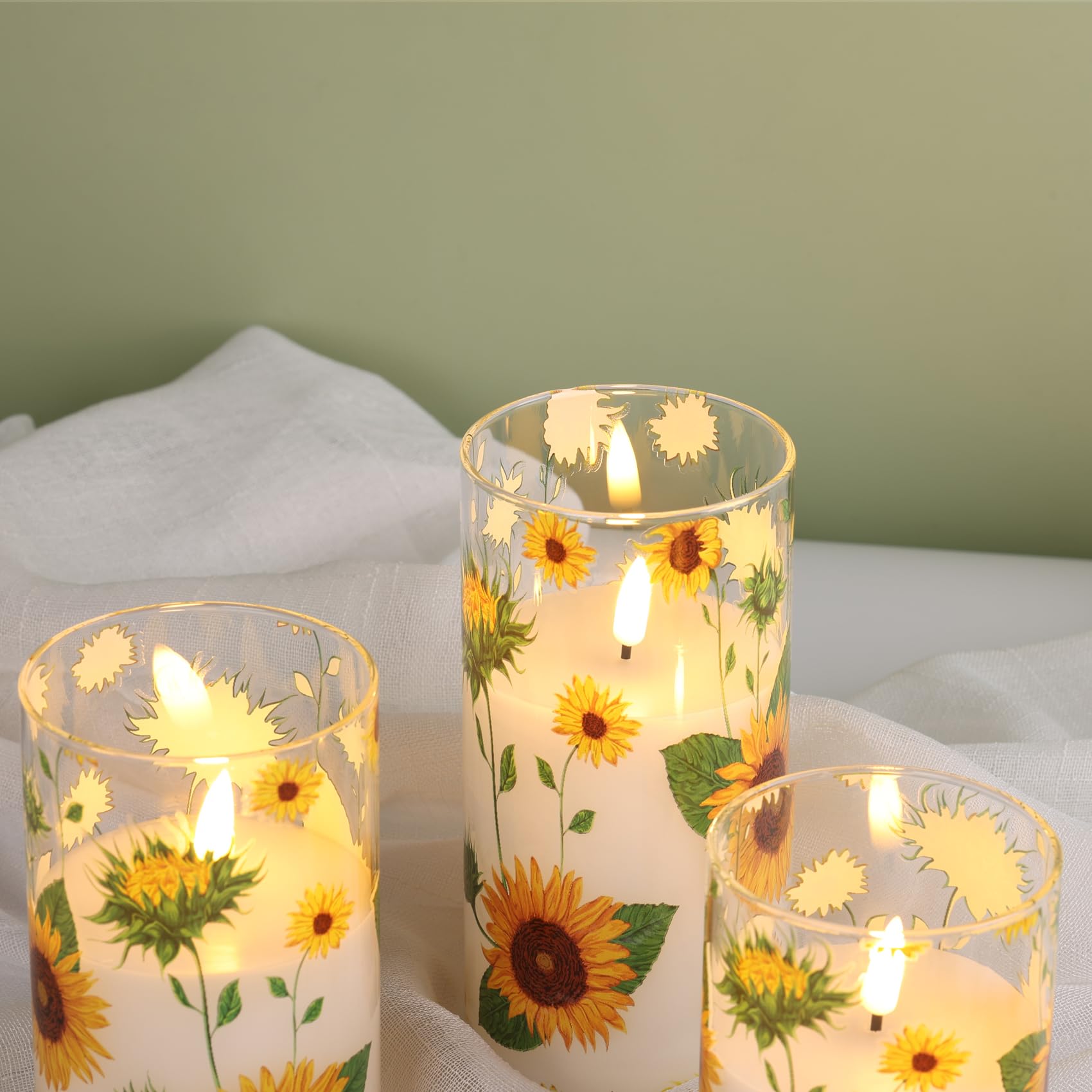 Eywamage Sunflower Flameless Candles In Glass Jars, Flickering Battery Led Pillar Candles With Remote Set Of 3