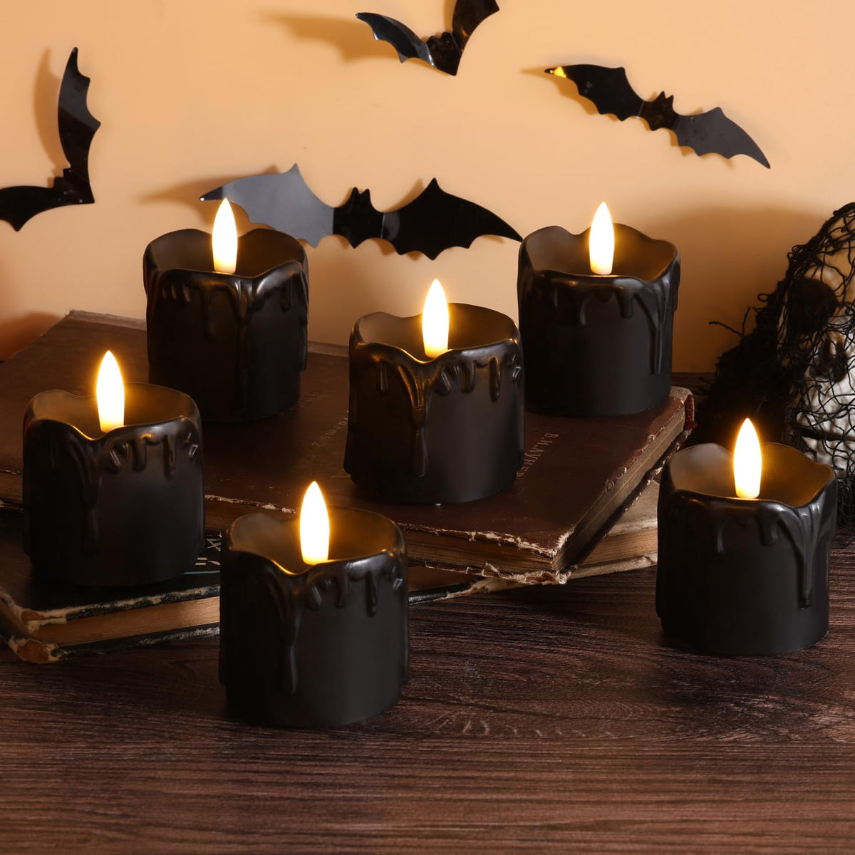 Eywamage Black Dripping Wax Halloween Flameless Candles With Timer Batteries, 2X2 In Flickering Led Votive Candles Set Of 6
