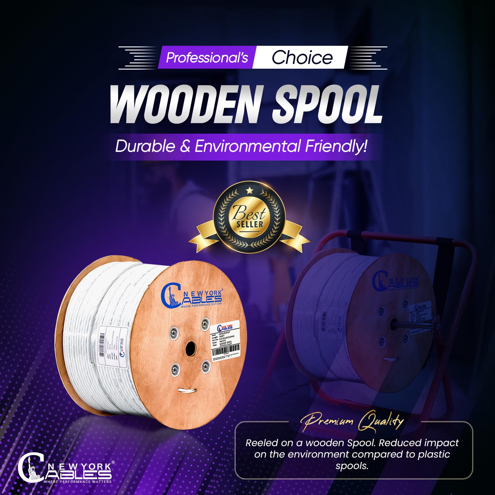 Newyork Cables Cat6A Plenum Cable 1000Ft - Certified 100% Solid Pure Copper Cat6 A Ethernet Cable - 23 Awg, 750 Mhz, Poe++ - Uns
