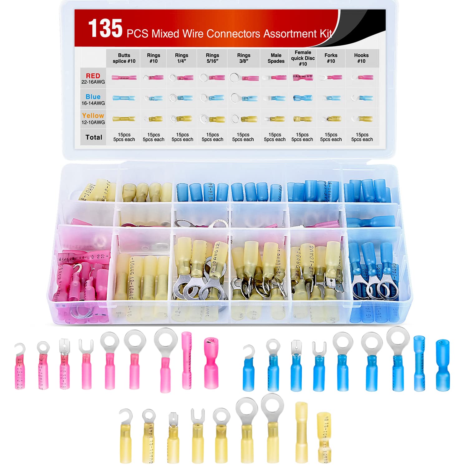 Nilight   50006R 135 Pcs Heat Shrink Wire Connectors   Electrical Terminals Kit   Marine Automotive Crimp Connector Assortment  