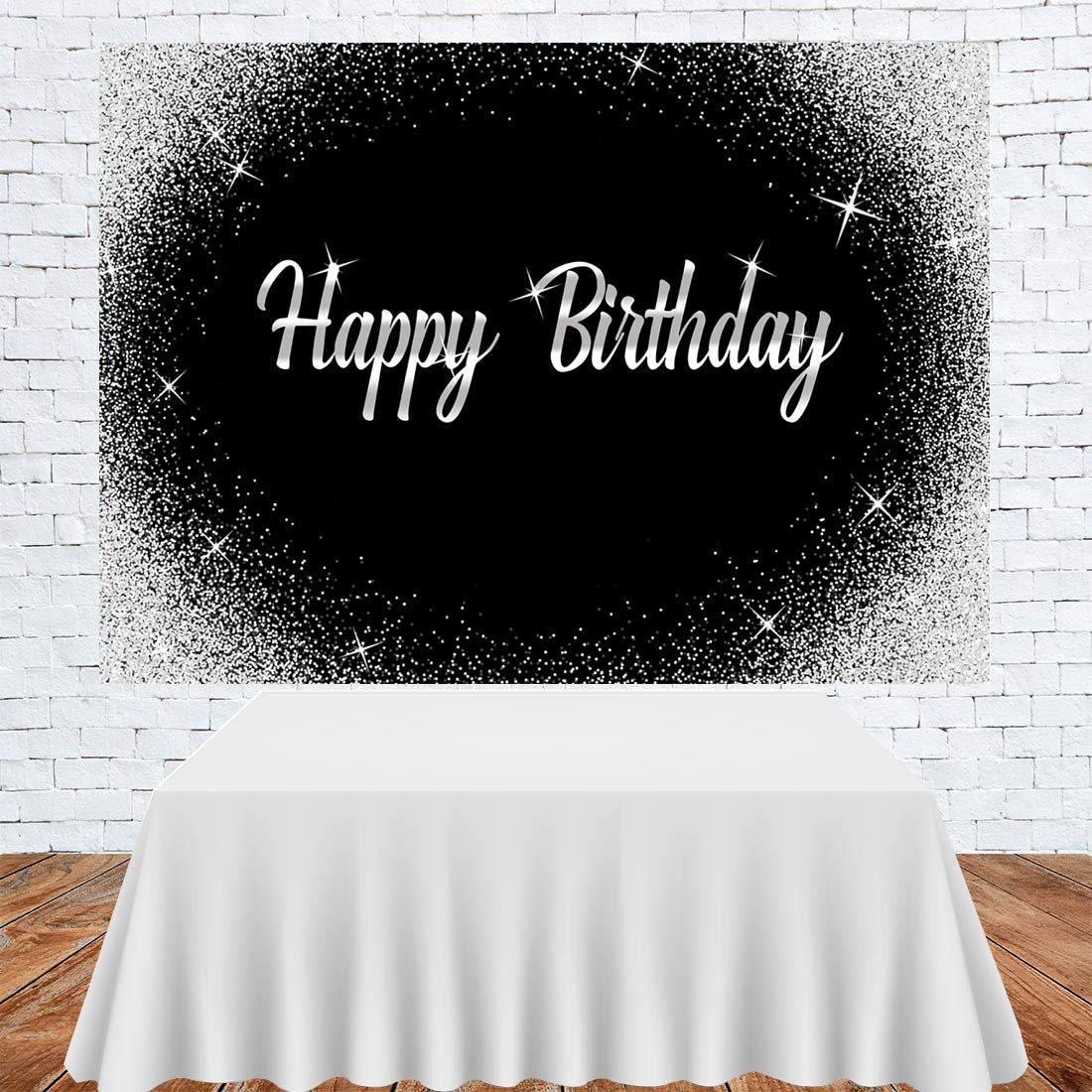 Happy Birthday Backdrop Glitter Silver Dots And Black Photography Background 7X5Ft Birthday Party Decorations Banner For Any Age