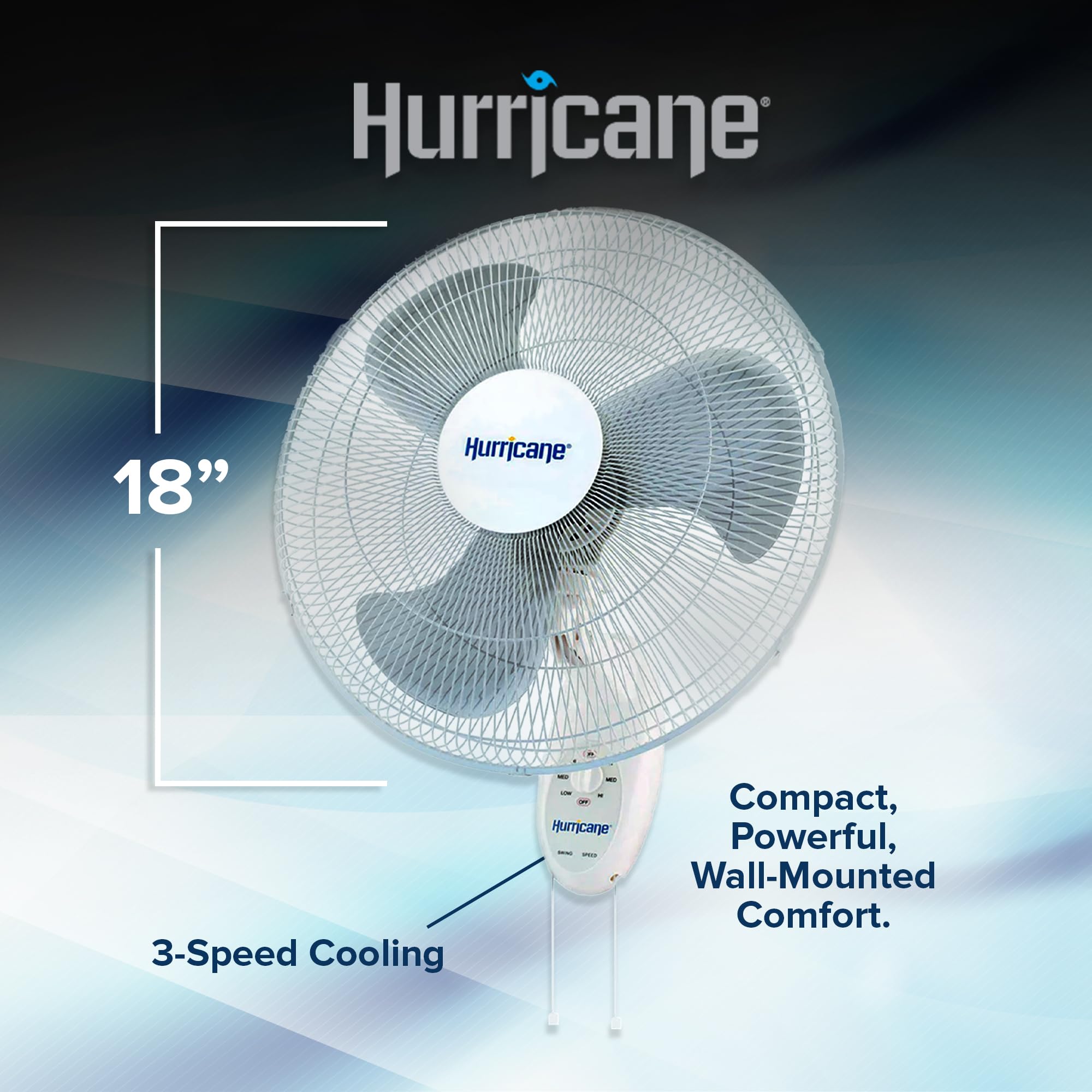 Hurricane Oscillating Wall Mount Fan, 3 Speed Quiet Indoor Cooling, Supreme, 18''