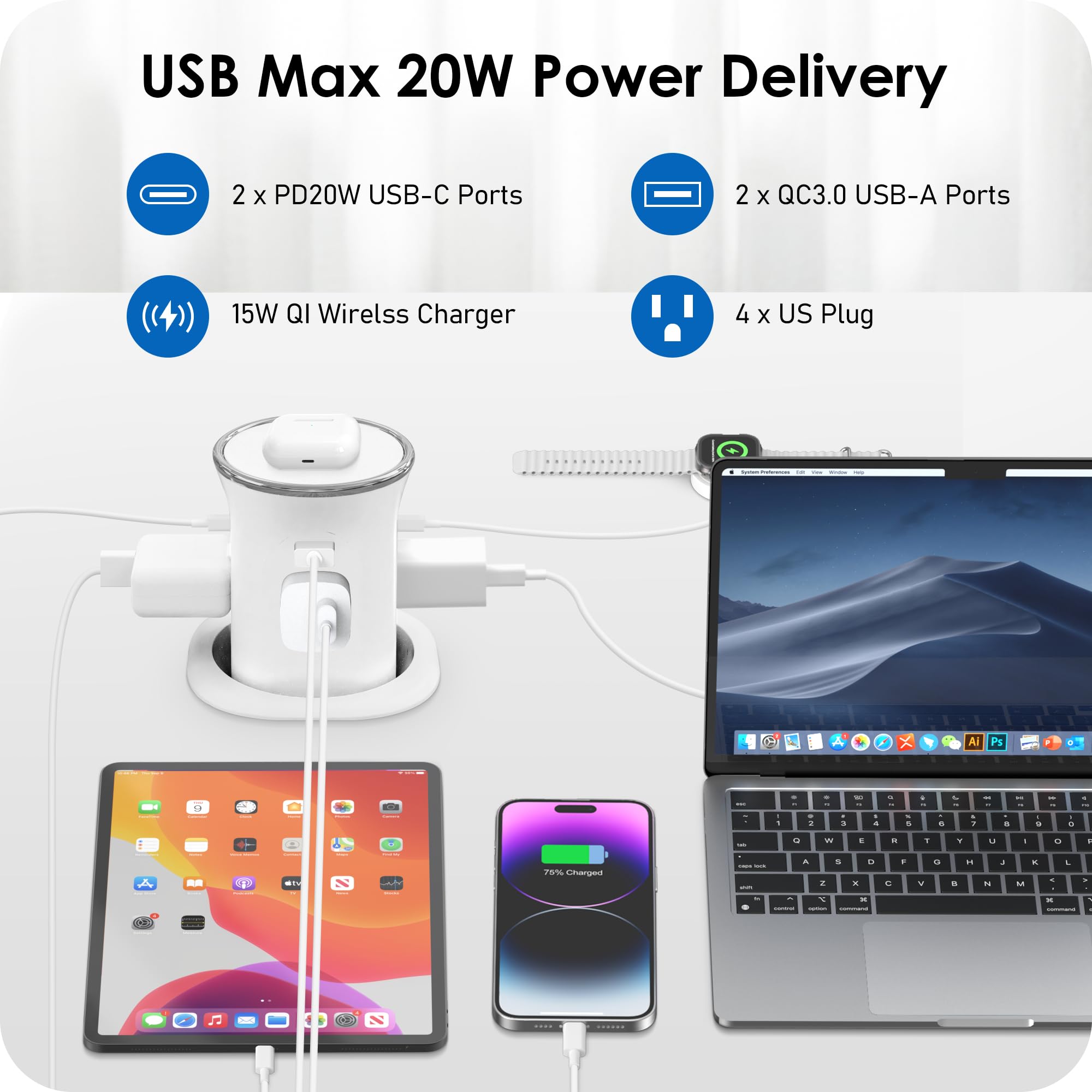 Annquan Motorized Pop Up Countertop Receptacle With 15W Wireless Charger,Max 20W Power Delivery,3.15'' Automatic Pop Up Electric