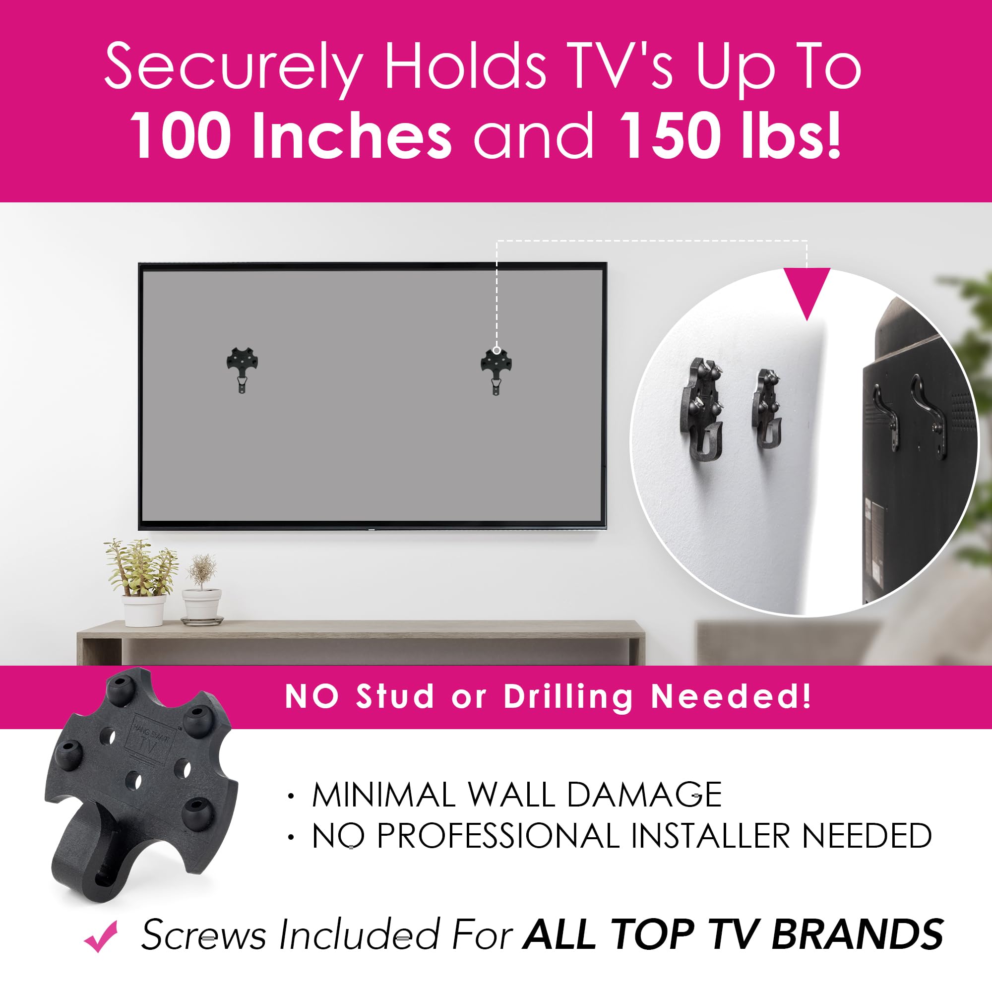 Hangsmart Tv Wall Mount No Stud   Original & Patented Easy Install, Diy For 19 100'' Tvs, Holds Up To 150Lbs, Fits Most Led Lcd