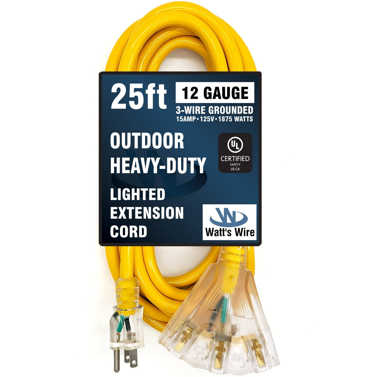 25 Ft 123 Heavy Duty 3 Outlet Lighted Sjtw Indooroutdoor Yellow Extension Cord By Watts Wire   25 12 Gauge Grounded 15 Amp Power