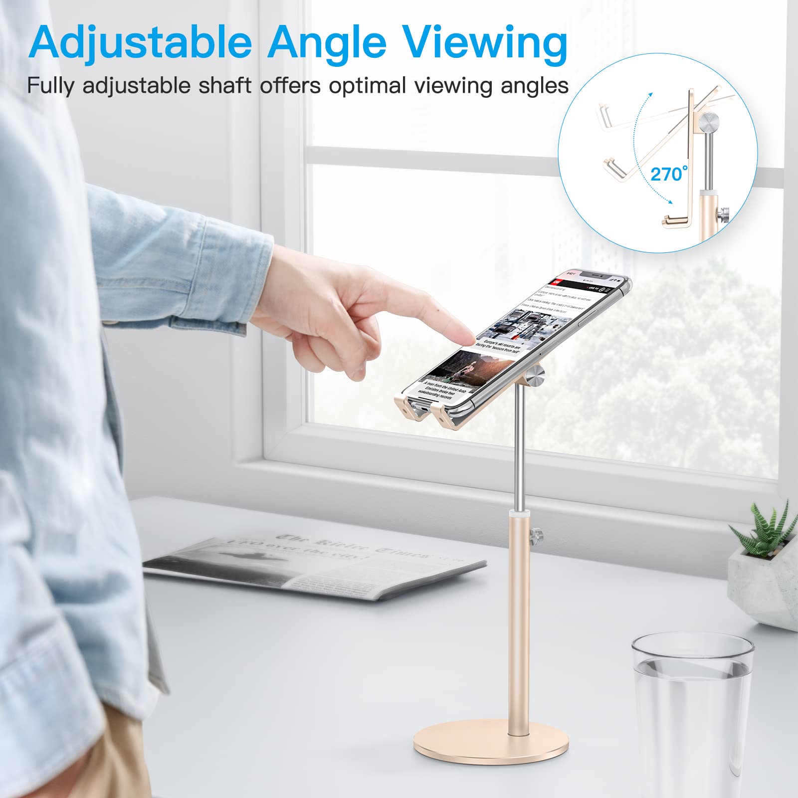 Omoton Cell Phone Stand, Angle Height Adjustable Phone Stand, Aluminum Desktop Phone Holder Dock Stand For Desk, Compatible With Iphone 13/Mini/Pro/Max, All Smartphones And Tablets(4 11''),Gold