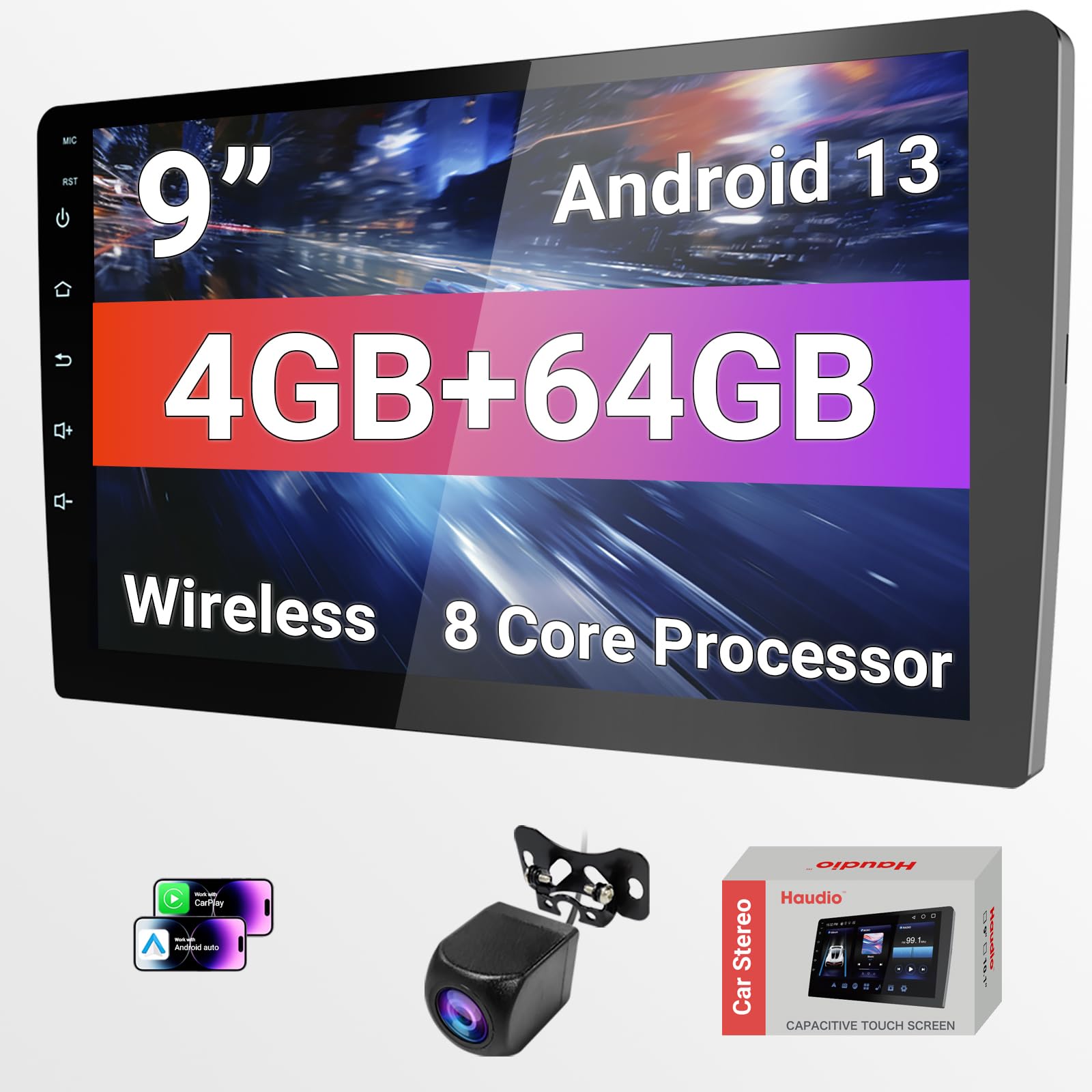 Haudio Double Din Android 13 Car Stereo - 9 HD Touchscreen with Wireless CarPlay & 14-Band DSP, 50W  4 Hi-Fi, Dual USB/DVR, GPS 