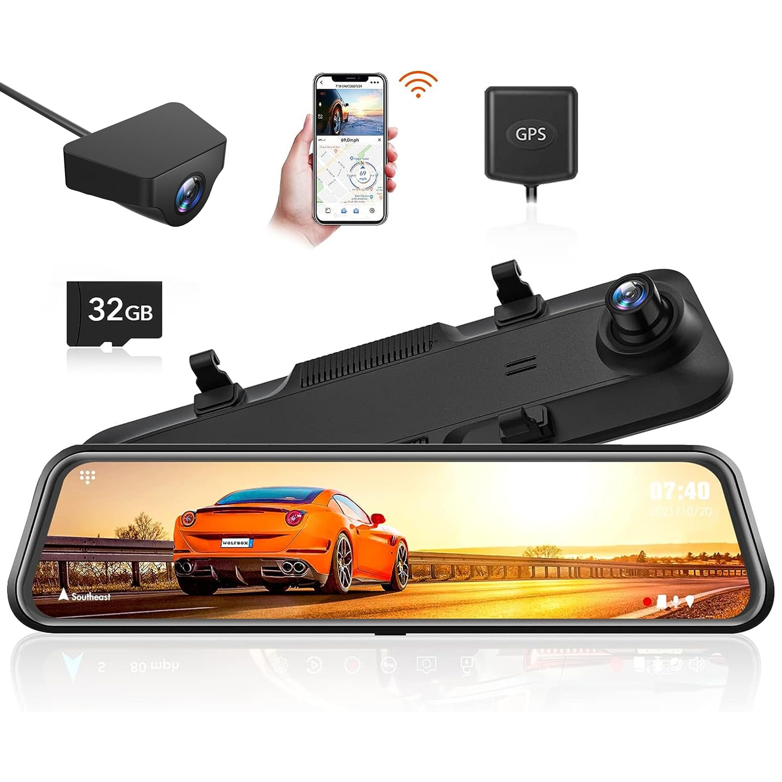 WOLFBOX G840H 12 Mirror Dash Cam with ADAS and BSD, 2.5K Rear View Mirror Camera Front and Rear, 5.8GHz WiFi, Voice Control, P