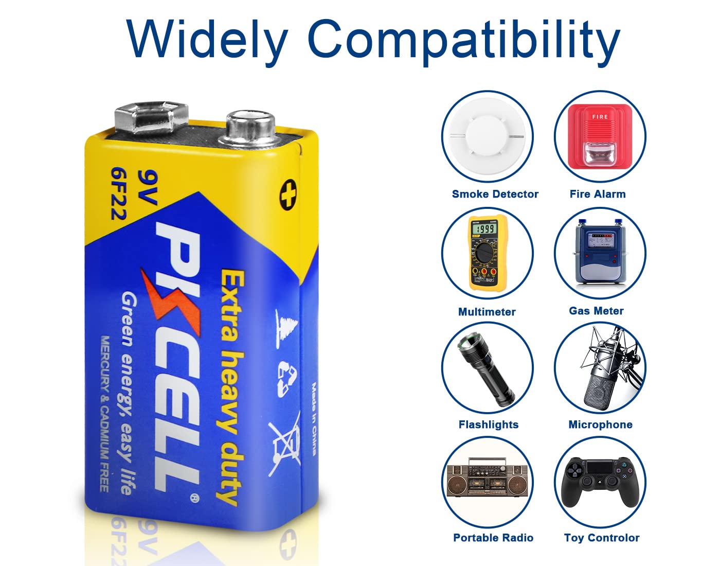 Pkcell 9V Battery Carbon Zinc For Smoke Detectors 6F22 Battery,Ultra Long-Lasting