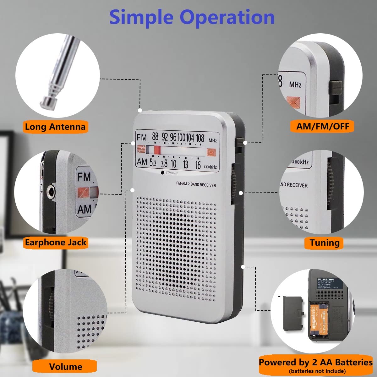 Am Fm Portable Pocket Radio, Compact Transistor Radios   Best Reception, Loud Speaker, Earphone Jack, Long Lasting, 2 Aa Battery