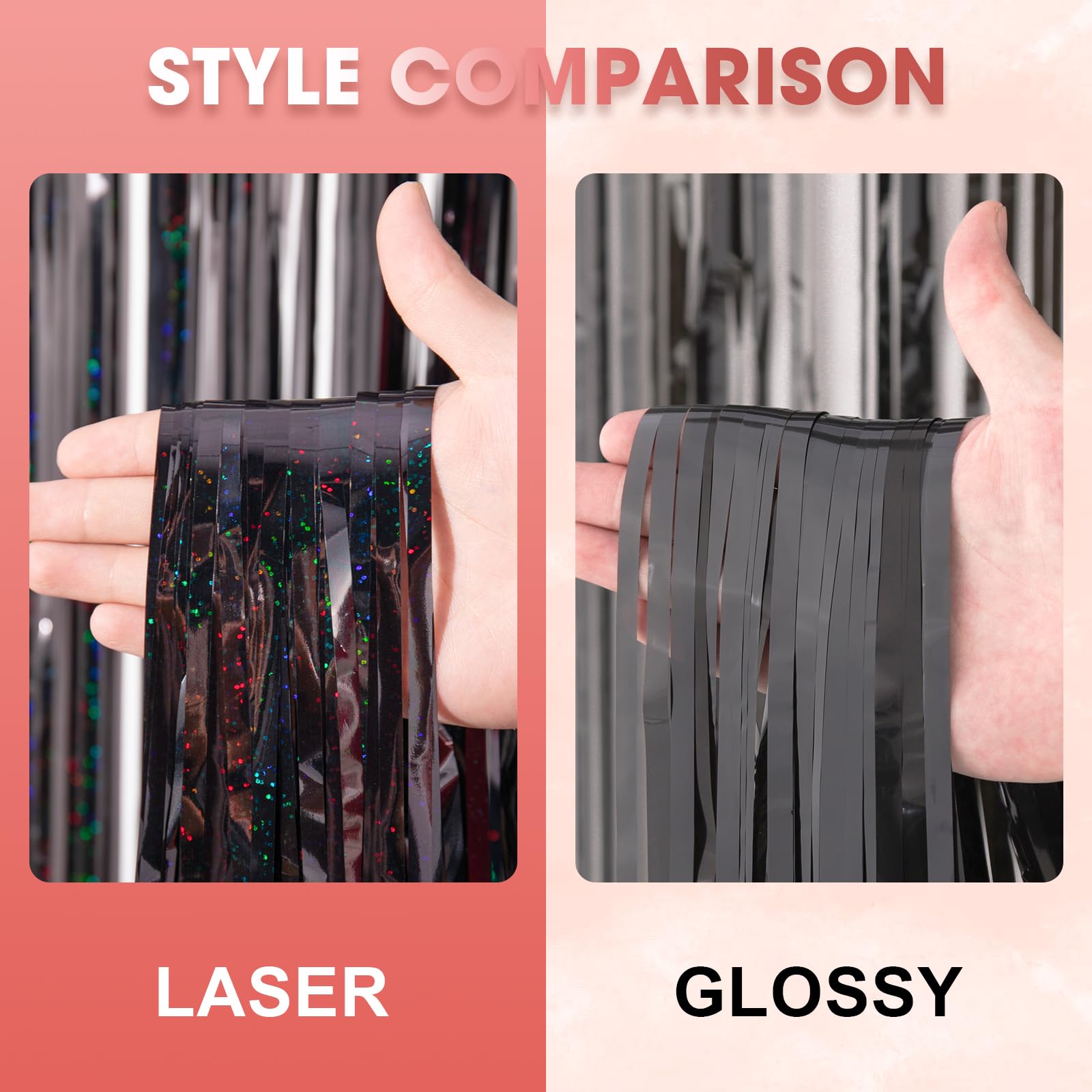 Voircoloria 2 Pack Laser Black Tinsel Foil Fringe Curtains, Black Party Decorations, Metallic Tinsel Party Streamers Backdrop Fo