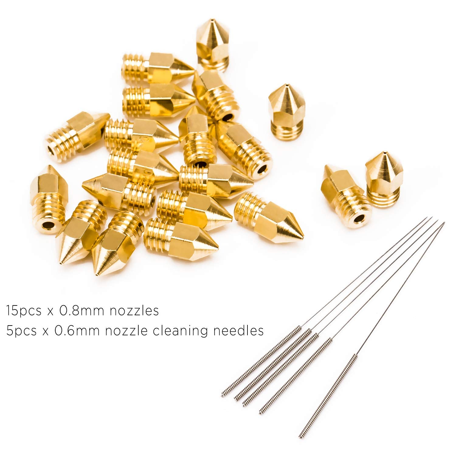 Luter 15Pcs 0.8Mm 3D Printer Nozzles Extruder Nozzles For Mk8 + 5 Pcs 0.6Mm Stainless Steel Nozzle Cleaning Needles For Makerbot