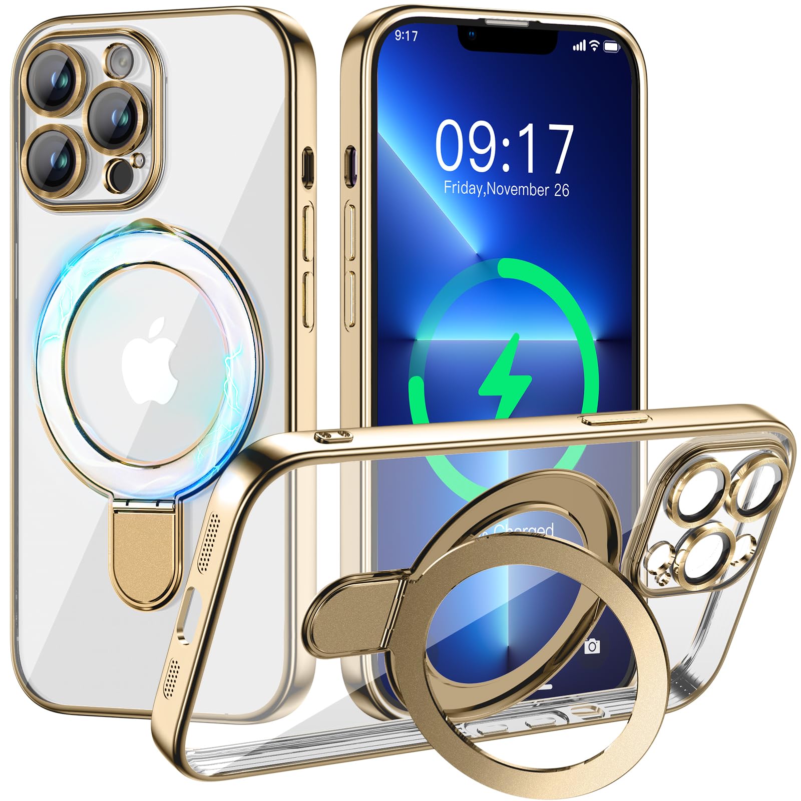 Magnetic For Iphone 13 Pro Max Case With Invisible Stand[Compatible With Magsafe][Full Camera Lens Protector][Military Drop Prot