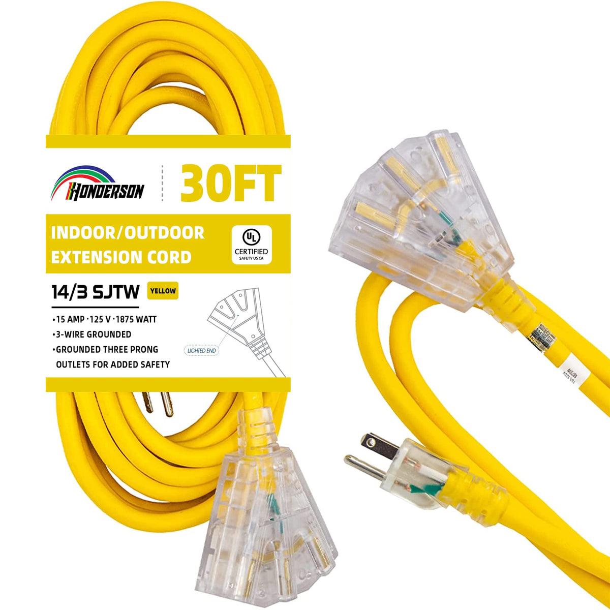Honderson 30Ft Lighted Outdoor Extension Cord With 3 Power Outlets,14/3 Sjtw Heavy Duty Yellow Extension Cable With 3 Prong Grou