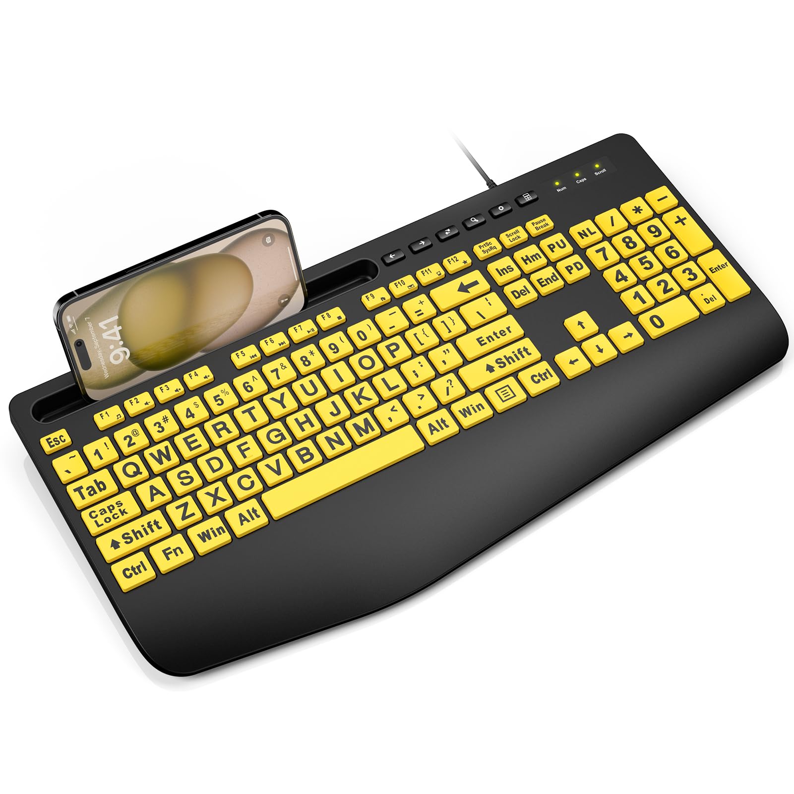 SABLUTE Large Print Keyboard Wired Computer Keyboards with Wrist Rest, Phone Holder, Big Letters Easy to Read Compatible Windows