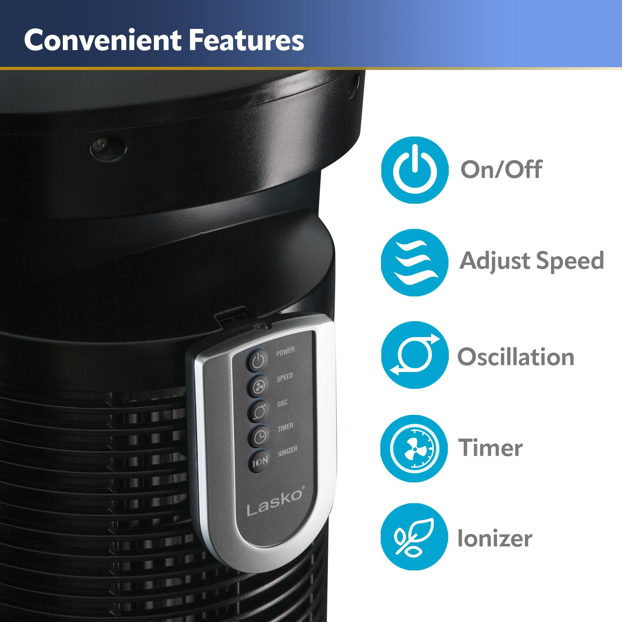 Lasko Oscillating Tower Fan, Remote Control, Ionizer, 3 Speeds, Timer, For Bedroom, Office, Kitchen 42, Black, T42950