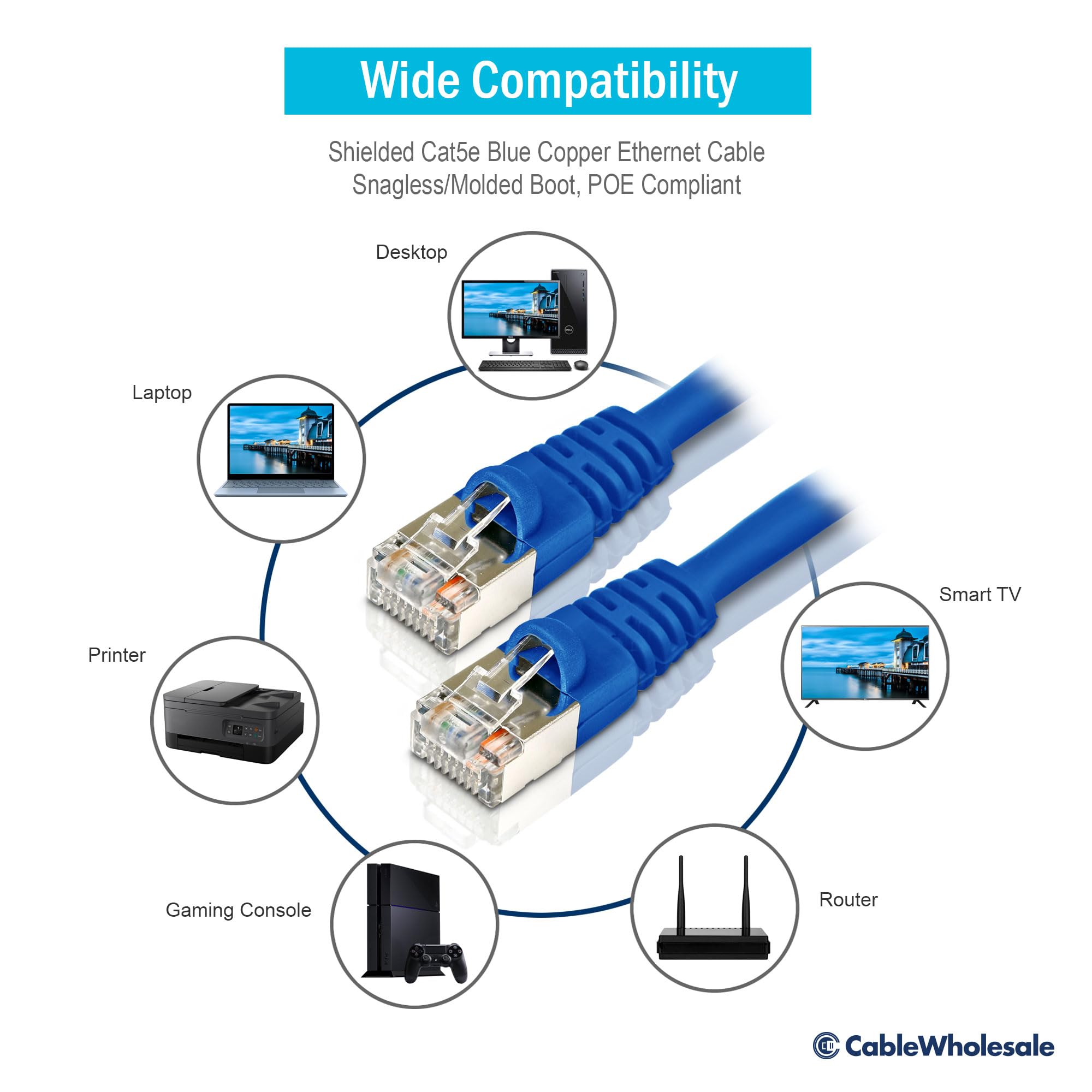 Cablewholesale Shielded Cat5E Ethernet Cable, 24Awg, Rj45 Gold Plate Connector, Etl, Snagless Boot 4 Pair Stranded Copper Shield
