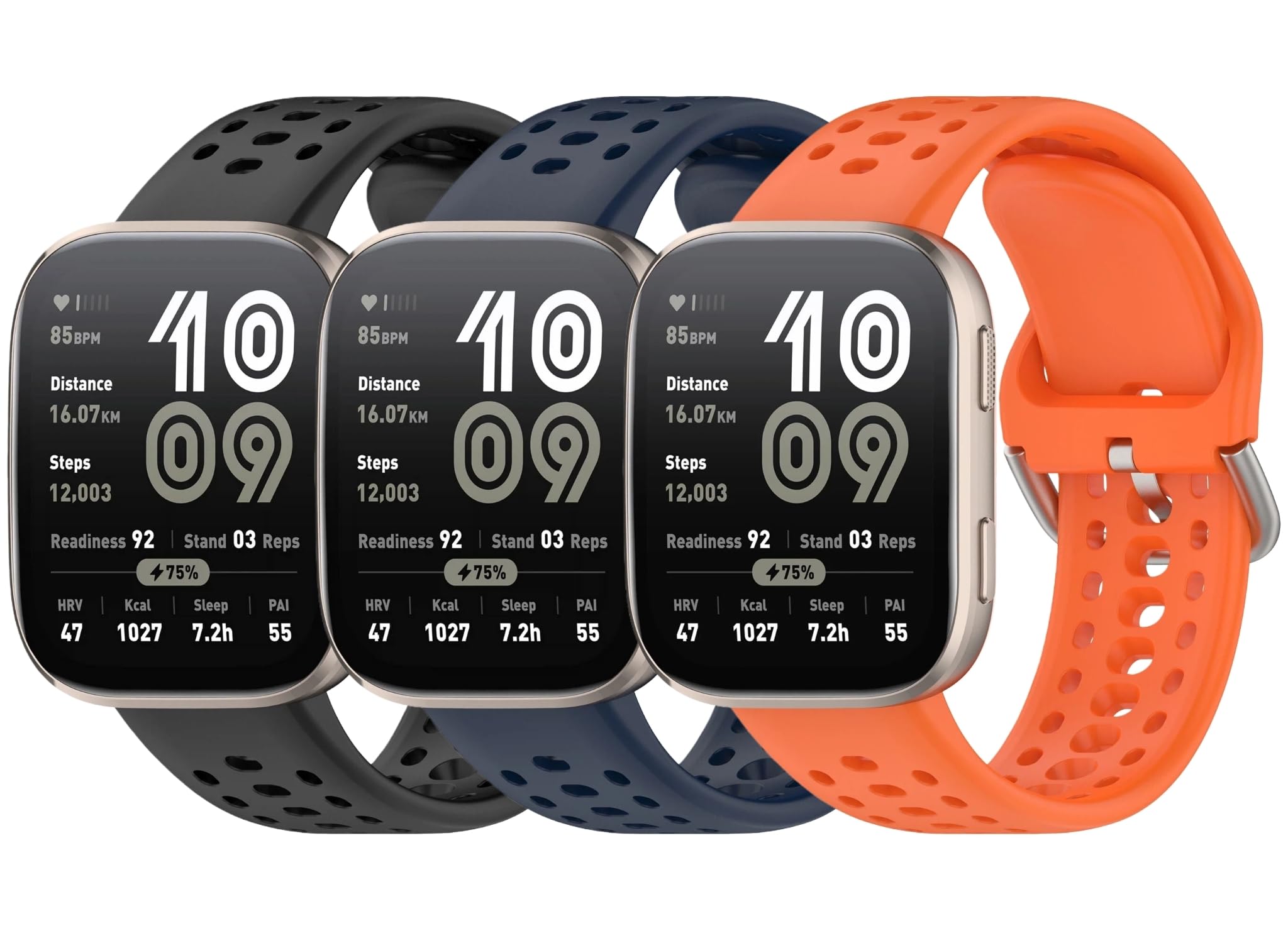 UPZOBU 3 Pack Silicone Bands for Amazfit Bip 6 Watch Band, Quick Release Adjustable Soft Breathable Sport Strap (Black/Blue/Oran