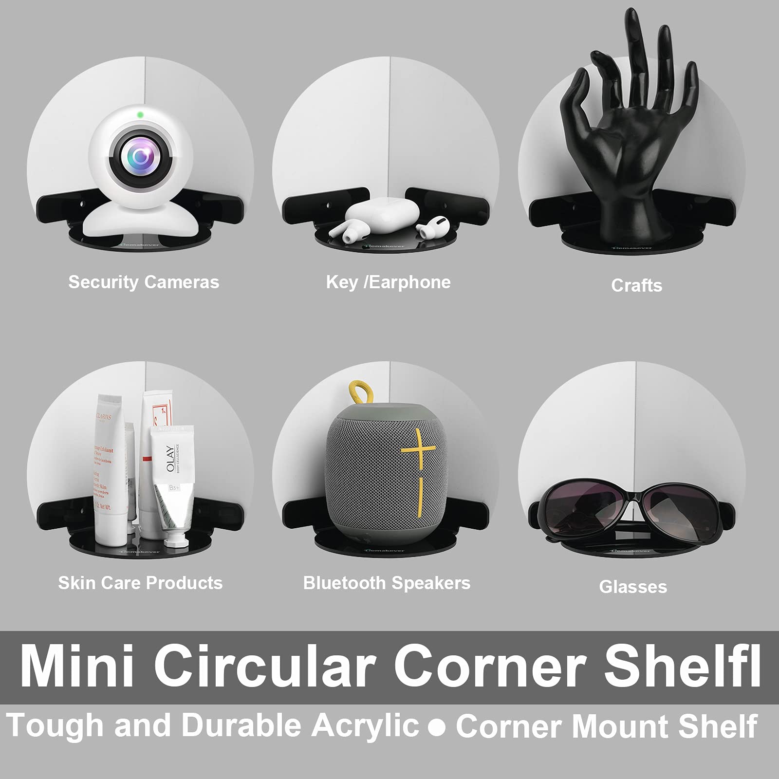Acrylic Mini Circular Corner Shelf Mount For Security Cameras, Baby Monitors, Speakers, Plants & More, Universal Cam Holder, Eas