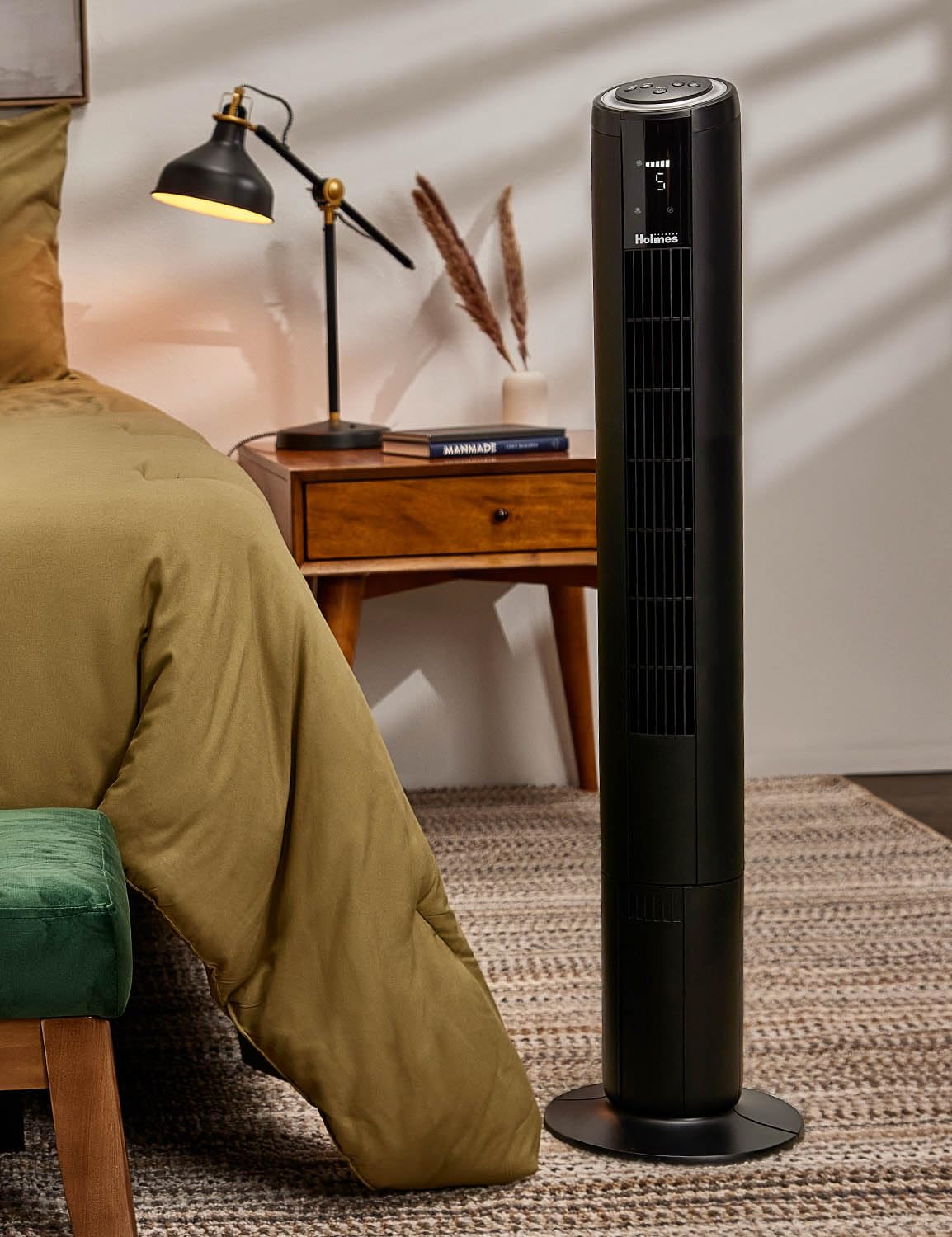 Holmes 42' Digital Tower Fan, Clearread Display, 90� Oscillation, 5 Speeds, 4 Modes, 8 Hour Timer, Home, Bedroom Or Office, Remote Control, Matte Black