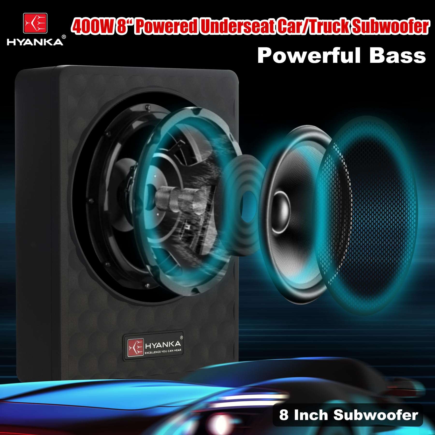 H Yanka Soda 08Asw 400W 8 Inch Compact Underseat Car Subwoofer With Built In Amp, Slim Powered Subwoofer For Car/Truck/Jeep Audi