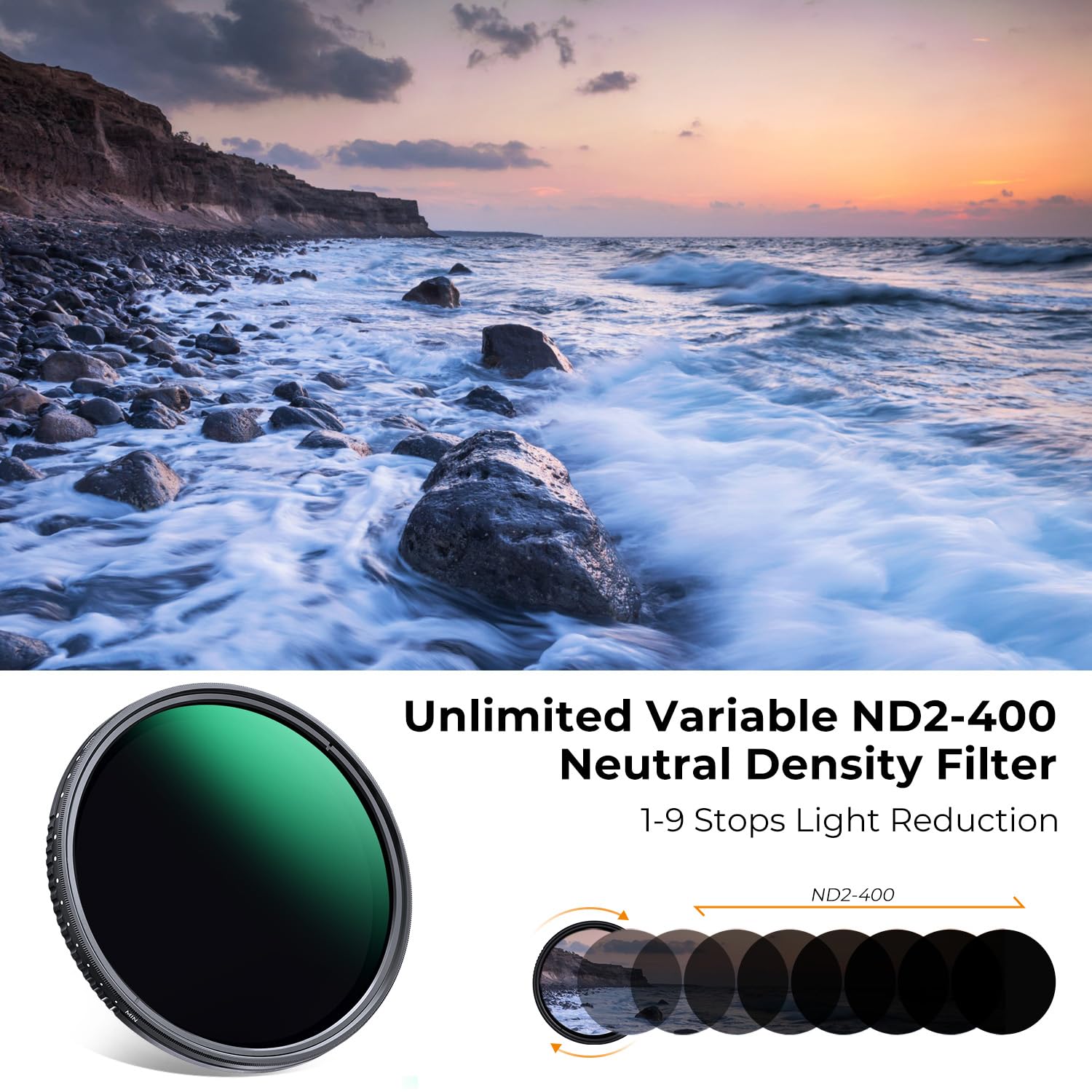 K&F Concept 55Mm Variable Nd2 400 Nd Lens Filter Waterproof 1 9 Stops Adjustable Ultra Thin Camera Lens Nd Filter With 24 Multi