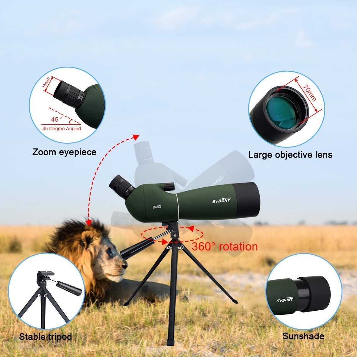 Svbony Sv28 Spotting Scopes With Tripod,Hunting,25 75X70,Angled,Waterproof,Range Shooting Scope,With Phone Adapter,Compact, For